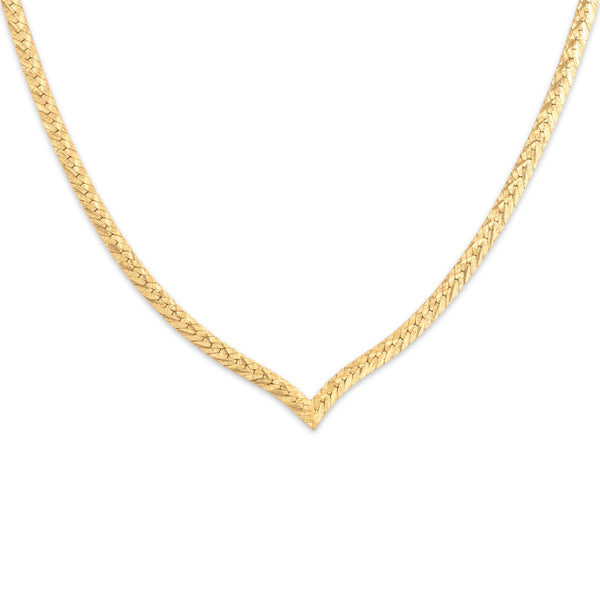 Vintage Italian 14k Yellow Gold Patterned Flat Chain Chevron Necklace 16