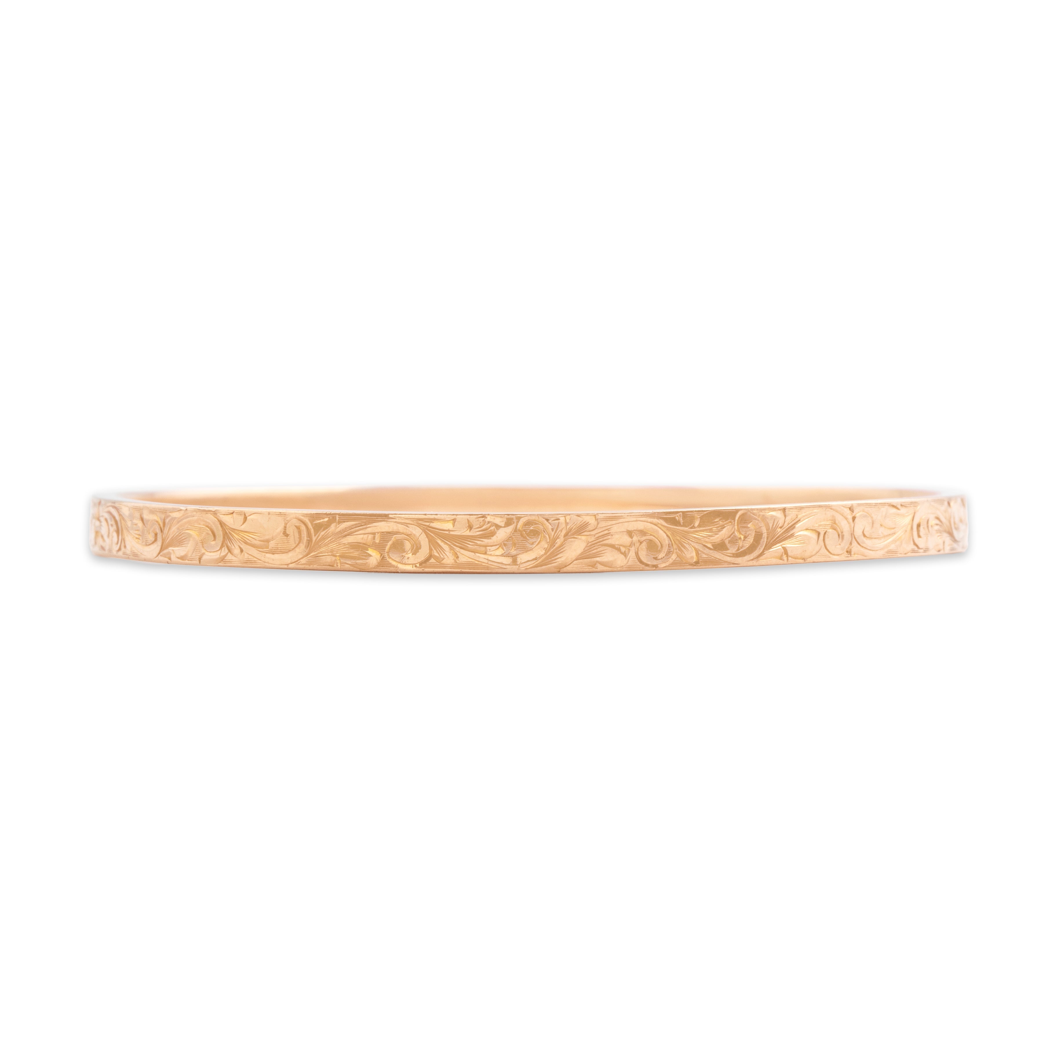 Antique Victorian 14k Rosy Yellow Gold Incredible Scrolling Floral Engraved Bangle Bracelet - Close-up view