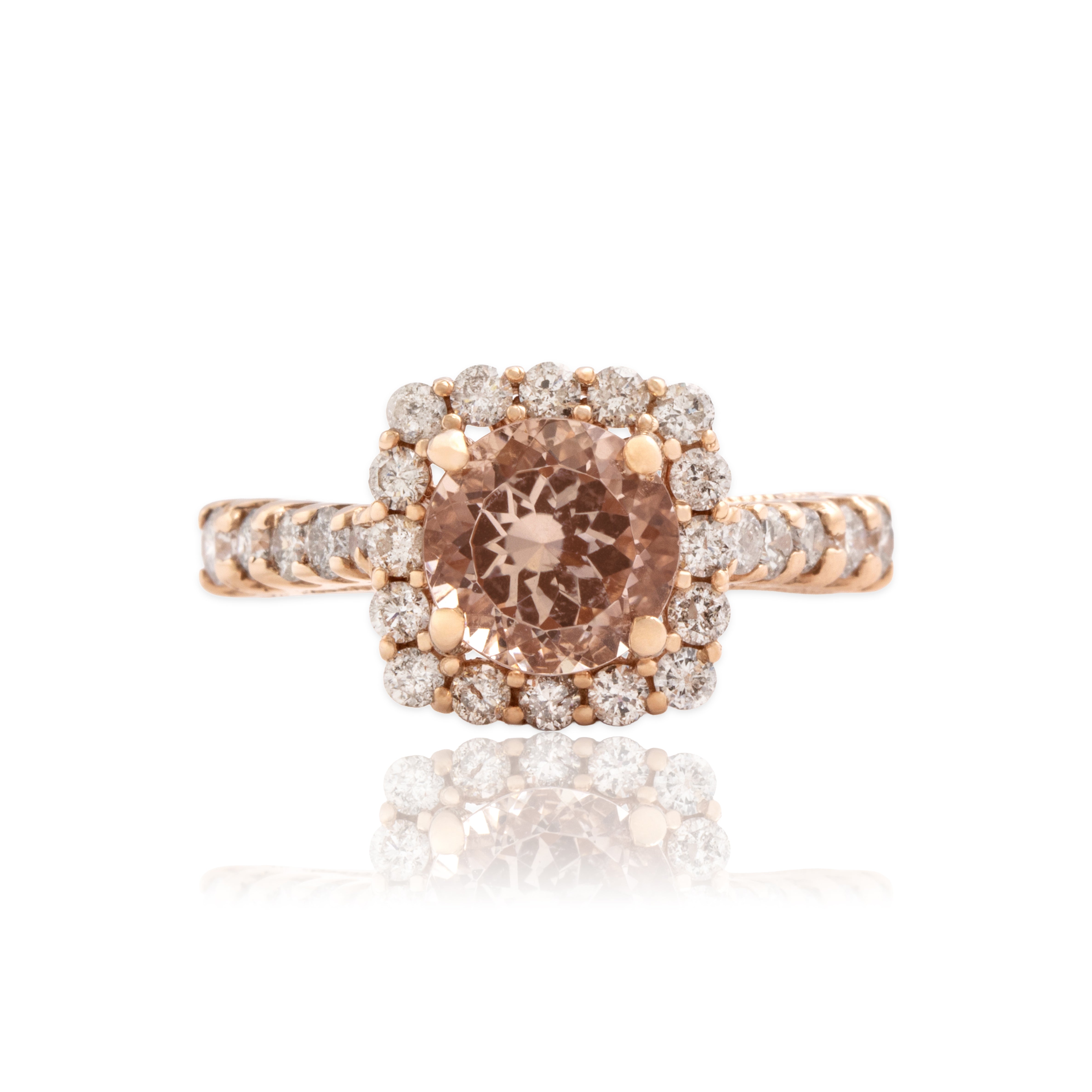 Estate 14k Rose Gold 1.79ct Morganite .74cttw Diamond Bright Rounded Square Halo Ring - Close-up view