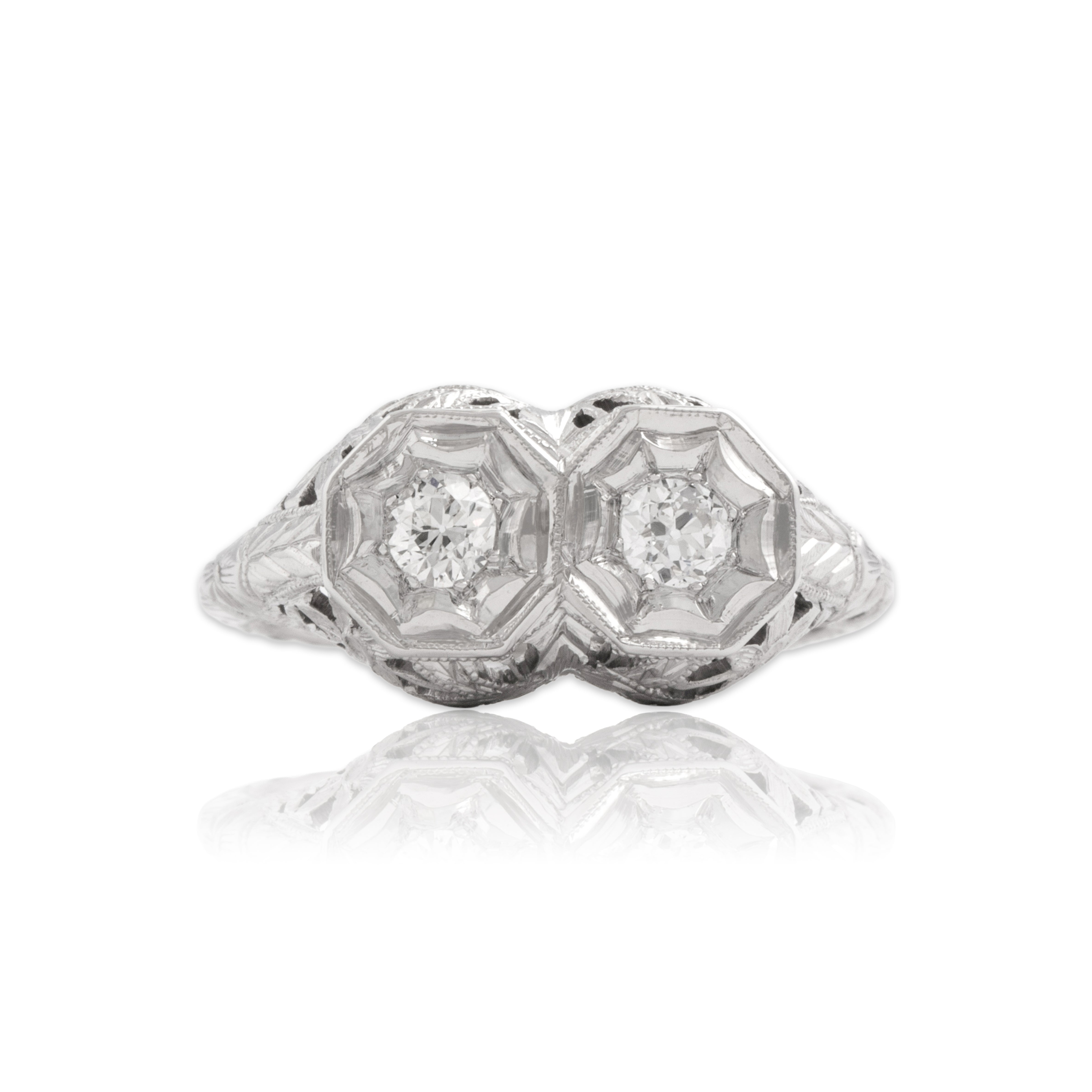 Antique Art Deco Belais 18k White Gold Old European Cut Diamond Architectural Floral-Carved Duo Ring - Close-up view