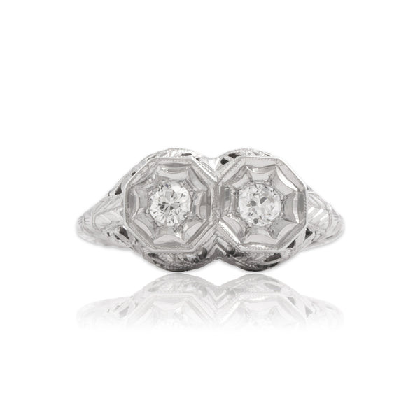 Antique Art Deco Belais 18k White Gold Old European Cut Diamond Duo Ring 6.25
