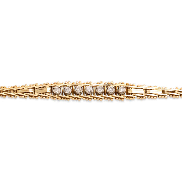 Vintage Italian 14k Yellow Gold Diamond Sleek Accented Flat Link Bracelet 7