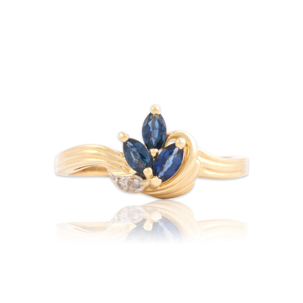 Vintage 14k Yellow Gold Blue Sapphire Diamond Fantastic Flourish Ring 6.00