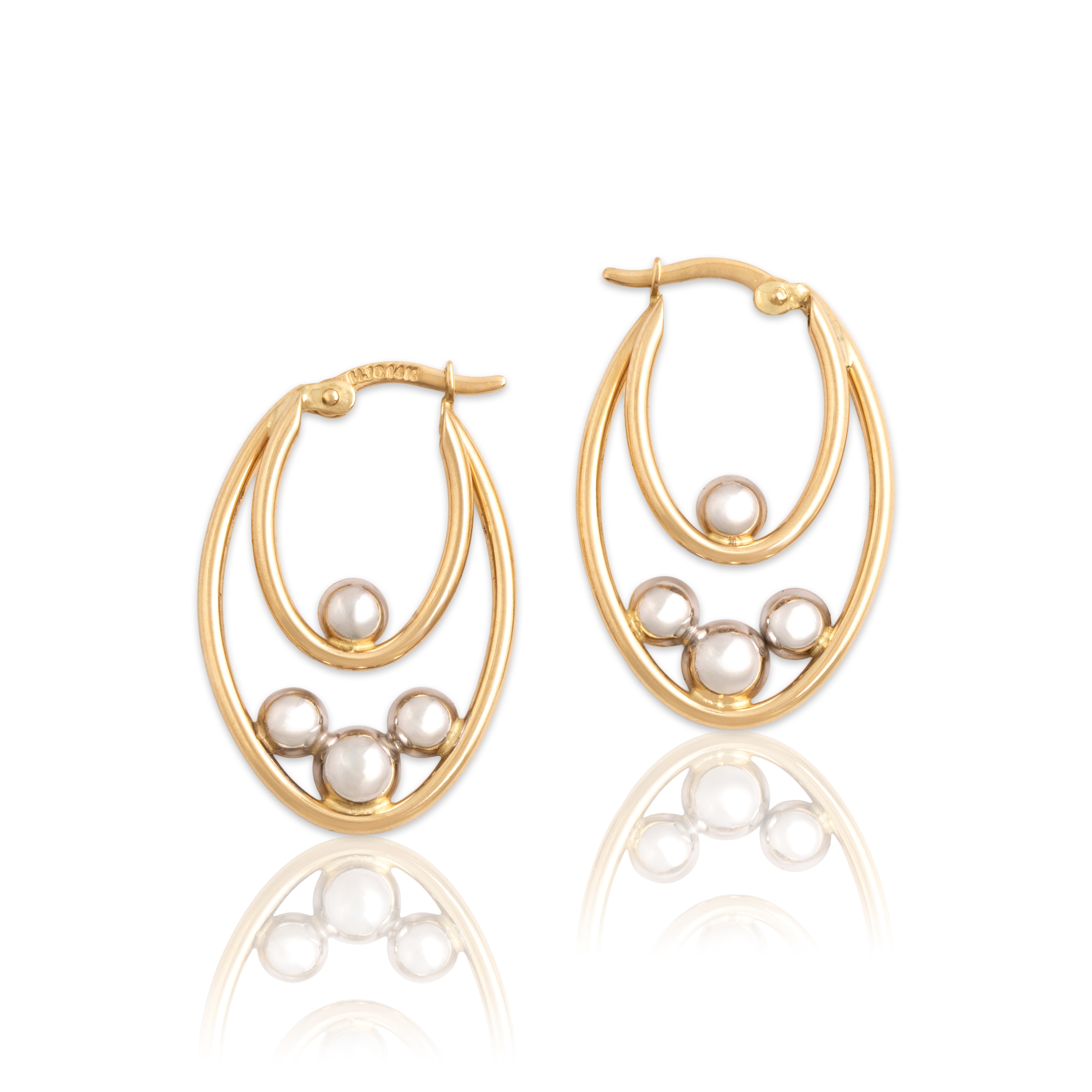 Vintage 14k Yellow & White Gold Bubble Accented Double Hoop Earrings - Close-up view