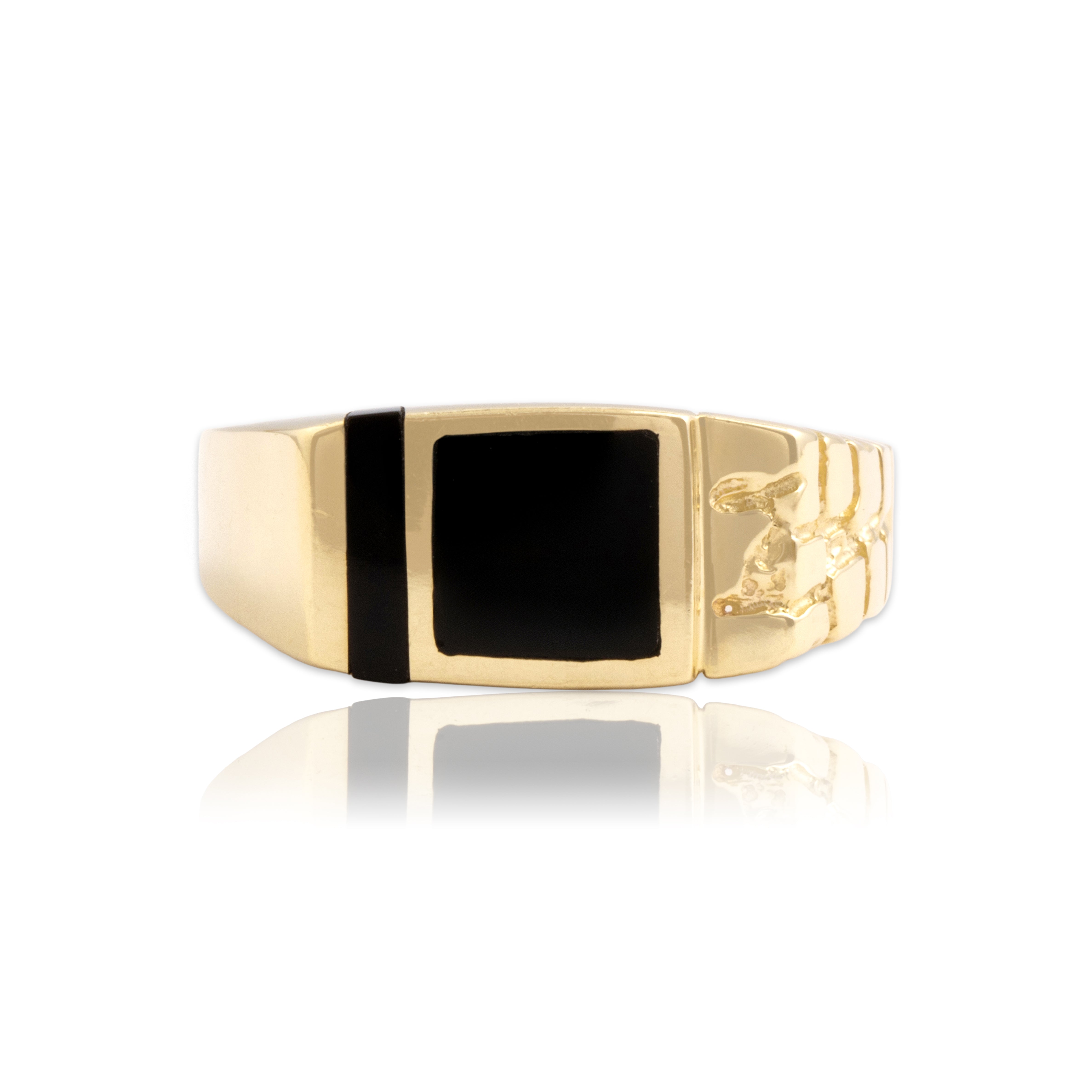 Vintage 14k Yellow Gold Onyx Funky Geometric Inlay Ring - Close-up view