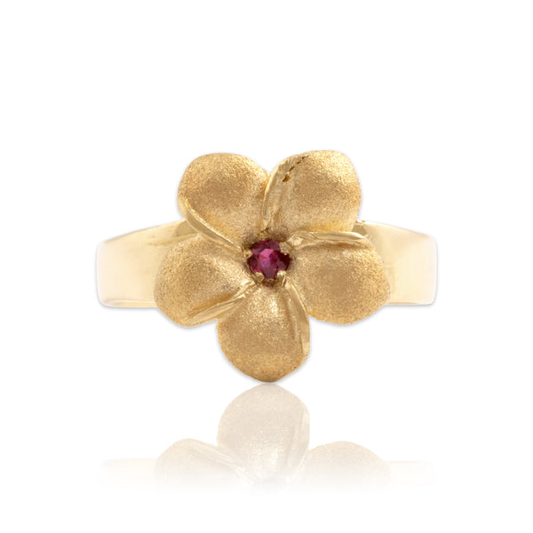 Vintage 14k Yellow Gold Ruby Tropical Brushed Flower Ring 7.00