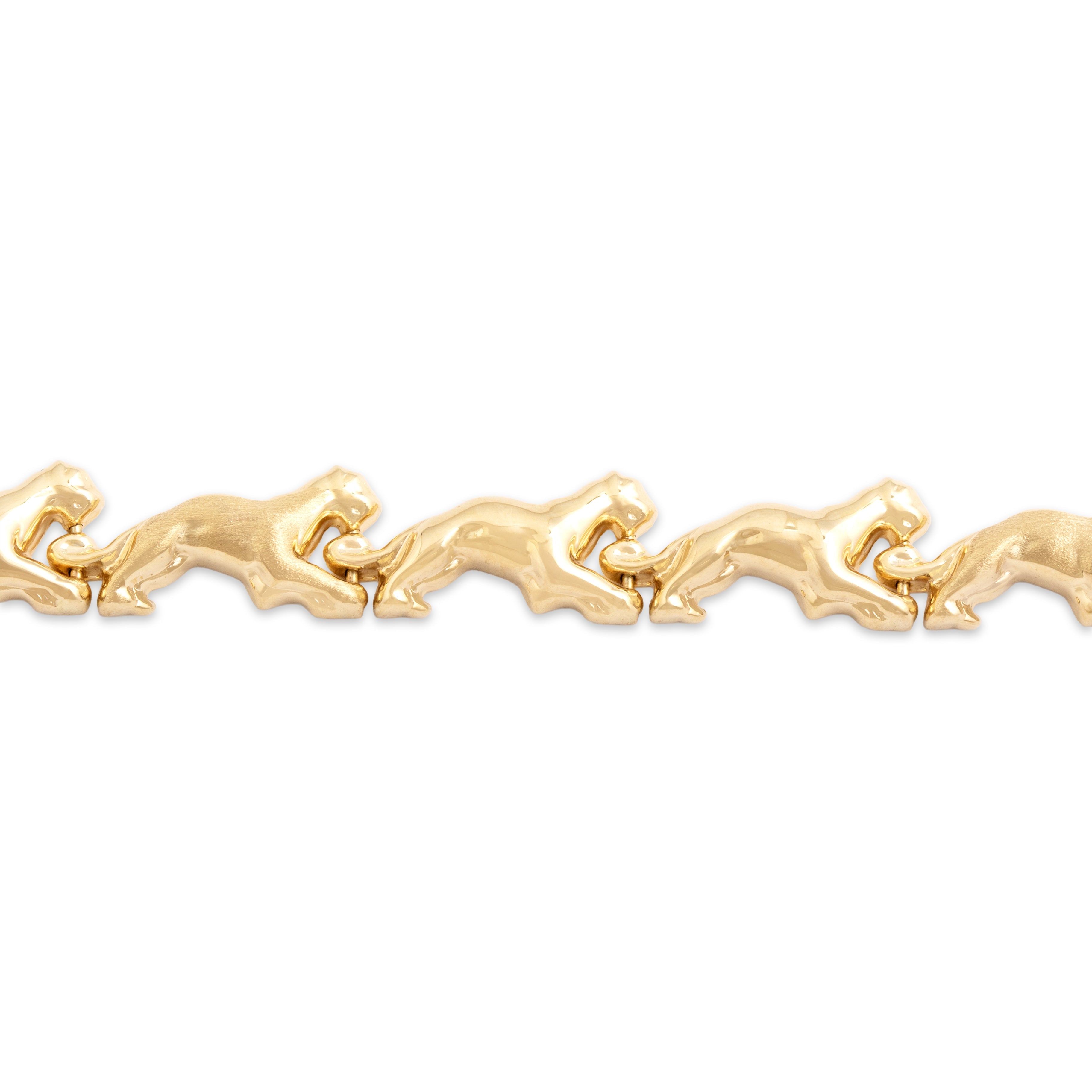 Vintage Italian 14k Yellow Gold Alternating Brushed Panther Link Bracelet - Close-up view