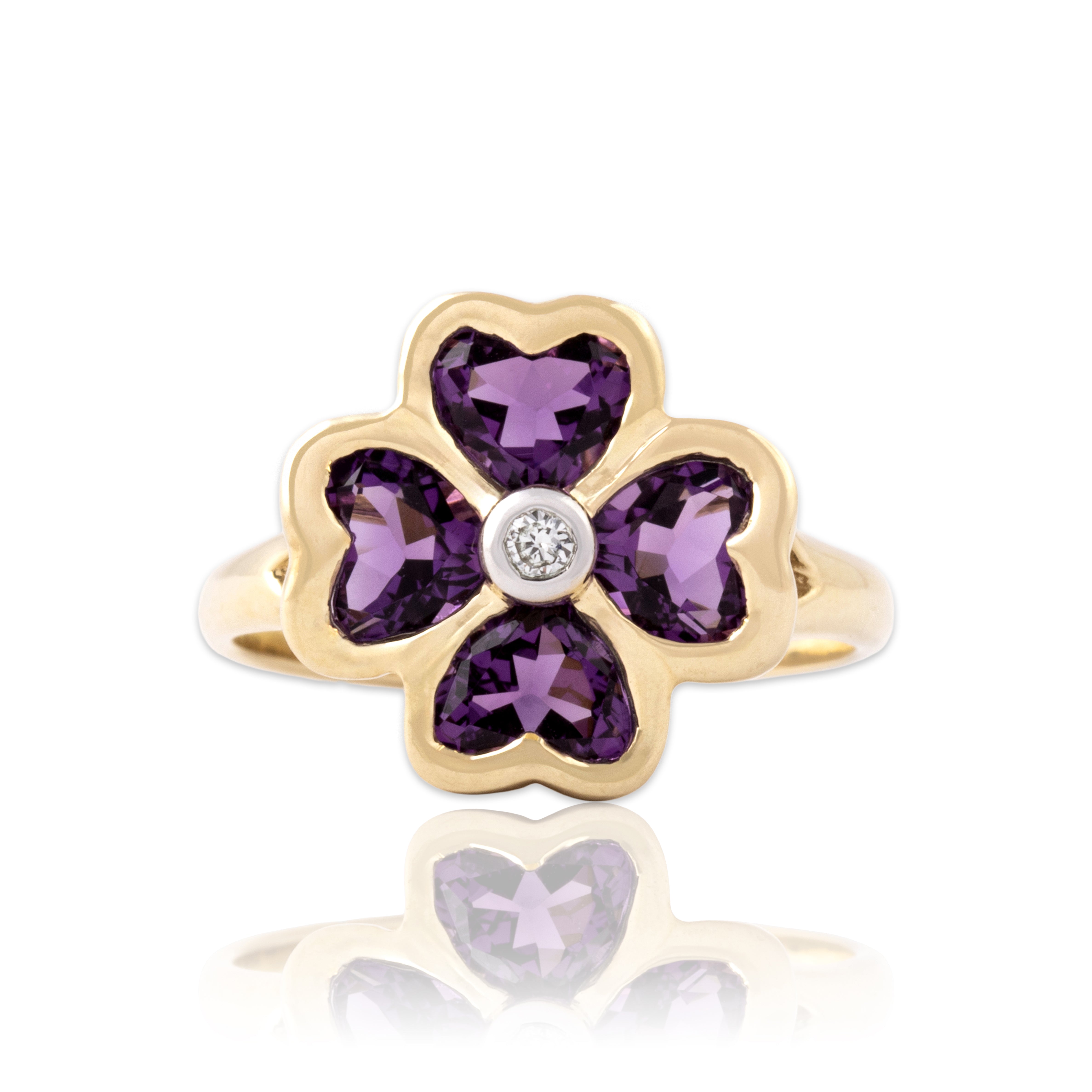Vintage 14k Yellow Gold 1.42cttw Amethyst Diamond Lovely Heart Clover Ring - Close-up view