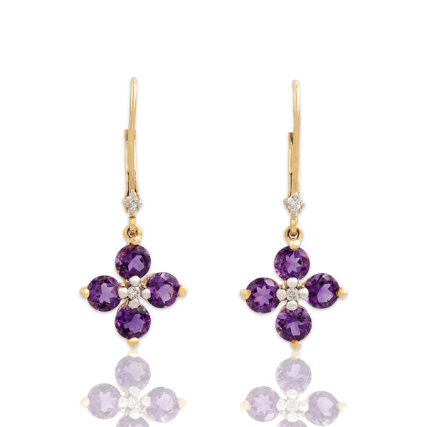 Vintage 14k Yellow Gold 1.59cttw Amethyst Diamond Vibrant Floriform Dangle Earrings - Close-up view
