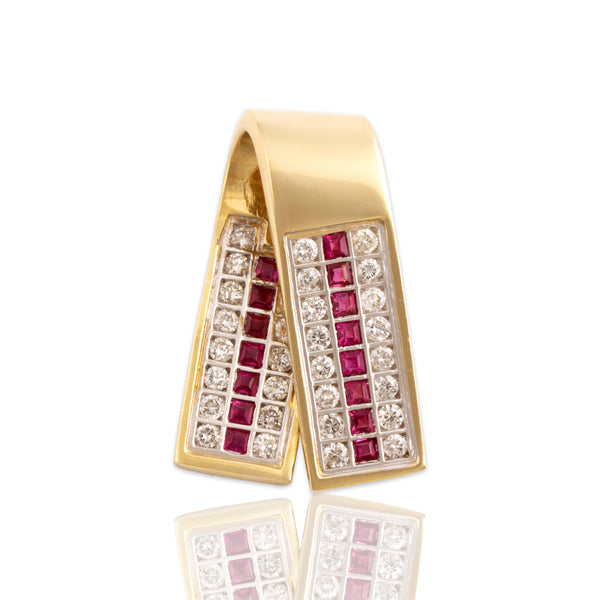 Vintage 14k Yellow Gold Ruby Diamond Incredible Tile Wraparound Slide Pendant - Close-up view