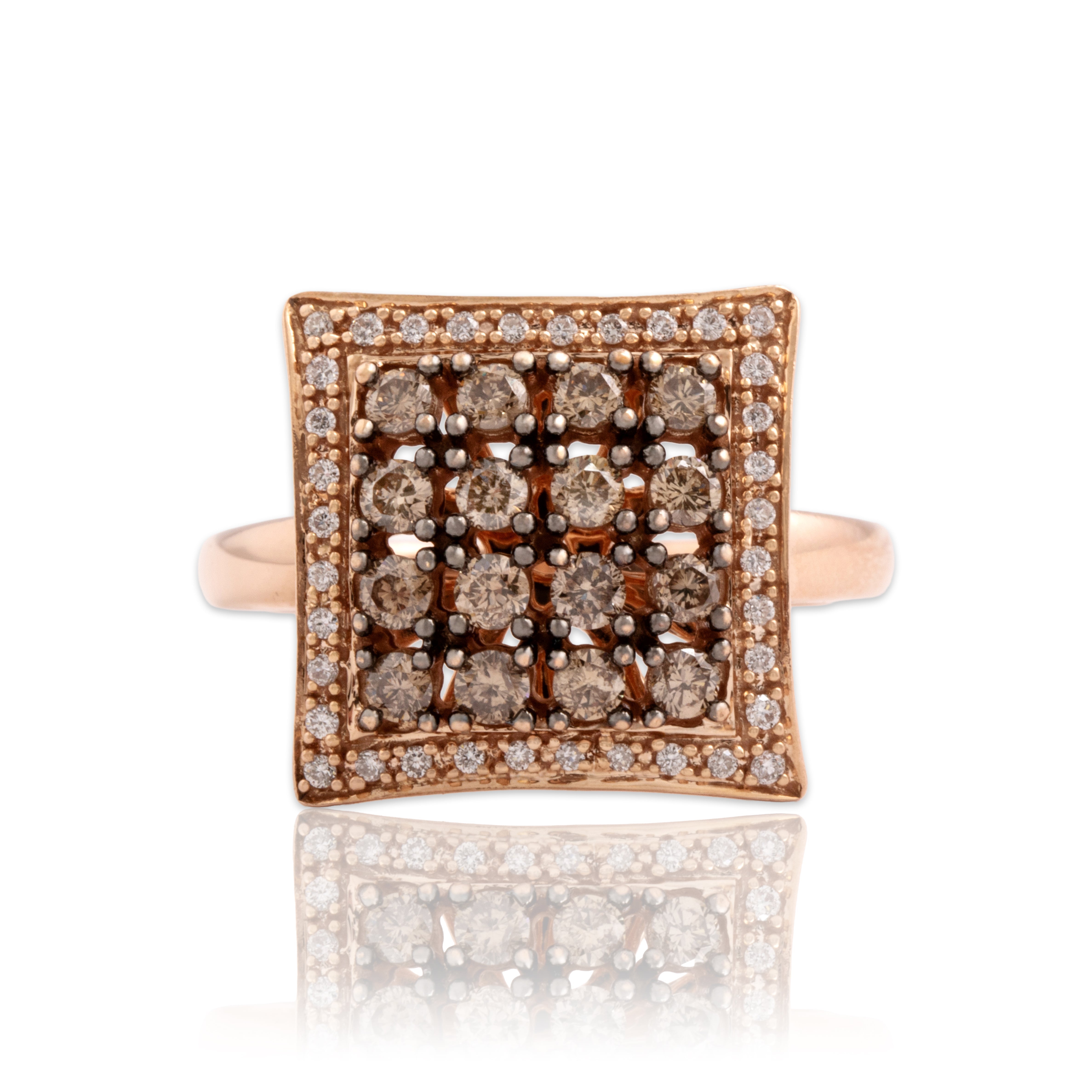Estate 14k Rose Gold Champagne Diamond White Diamond Sparkling Tile Ring - Close-up view
