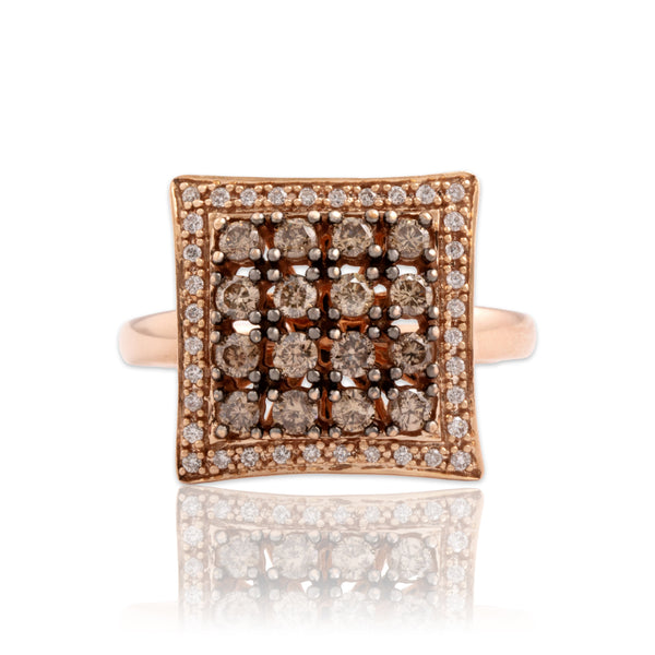 Estate 14k Rose Gold Champagne & White Diamond Sparkling Tile Ring 7.00