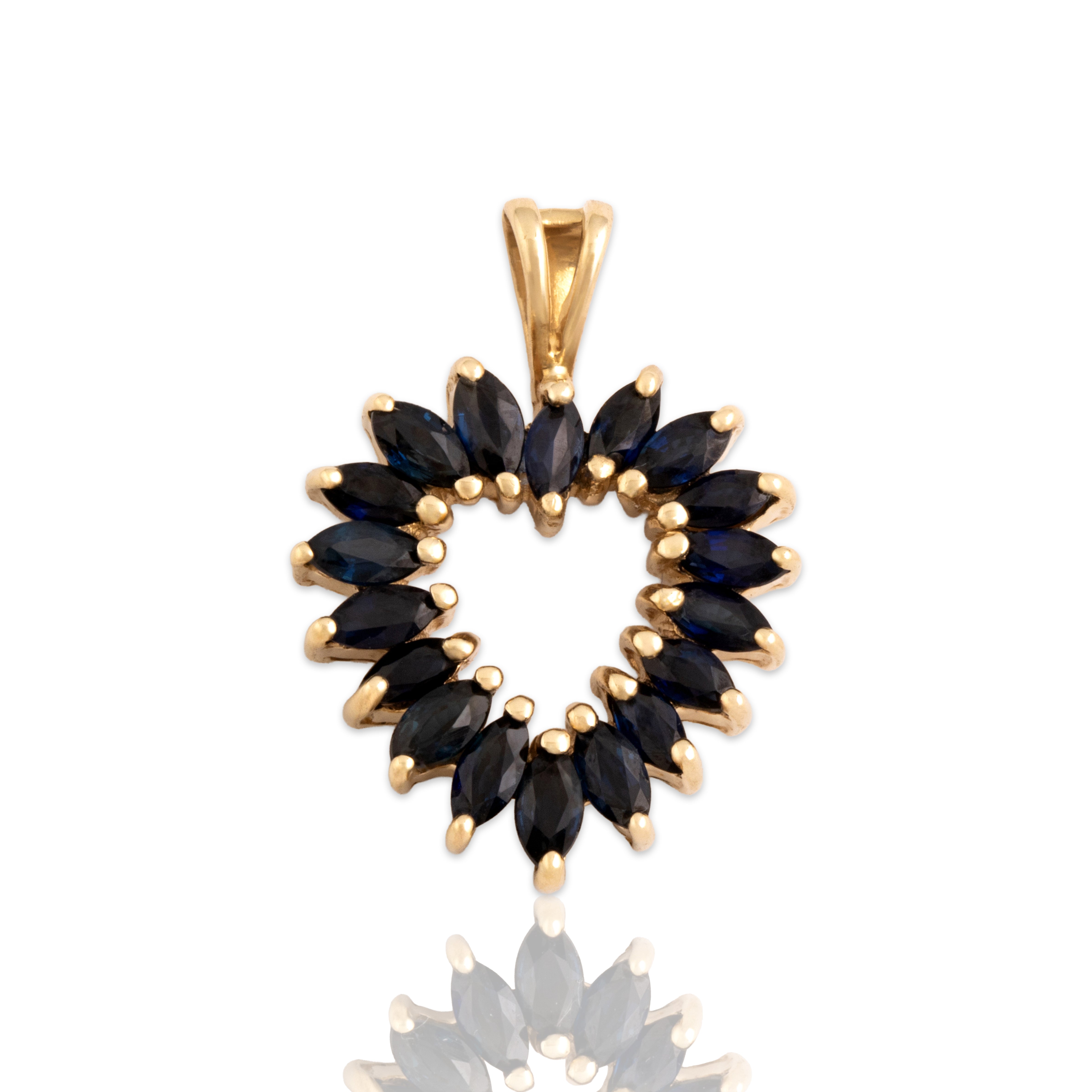 Vintage 10k Yellow Gold .93cttw Blue Sapphire Romantic Marquise Heart Pendant - Close-up view