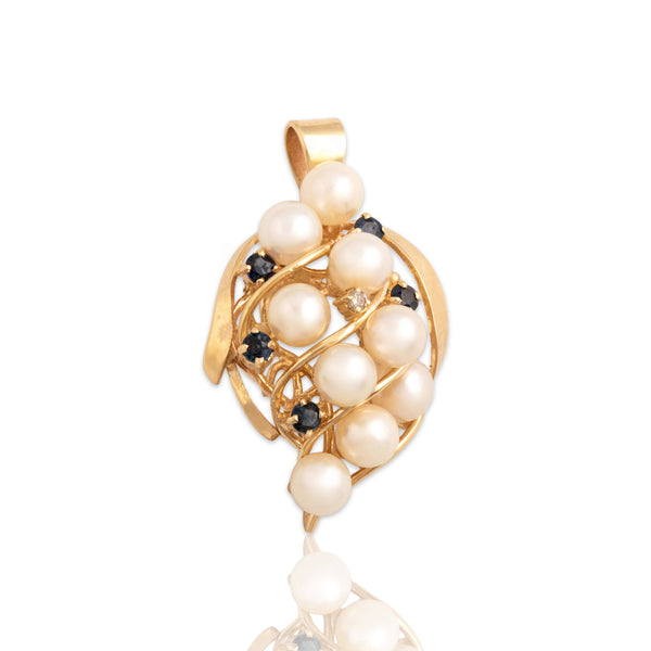 Vintage 14k Yellow Gold Pearl Blue Sapphire Diamond Cluster Dangle Pendant
