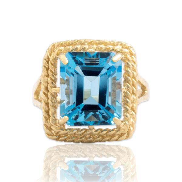 Vintage 10k Yellow Gold 7.77ct Blue Topaz Bright Rope-Framed Cocktail Ring 7.00