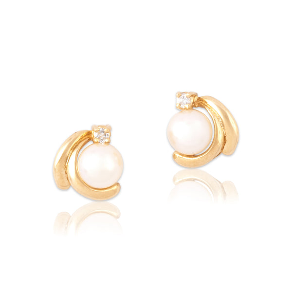 Vintage 14k Yellow Gold Pearl Diamond Elegant Duo Swoosh Stud Earrings - Close-up view