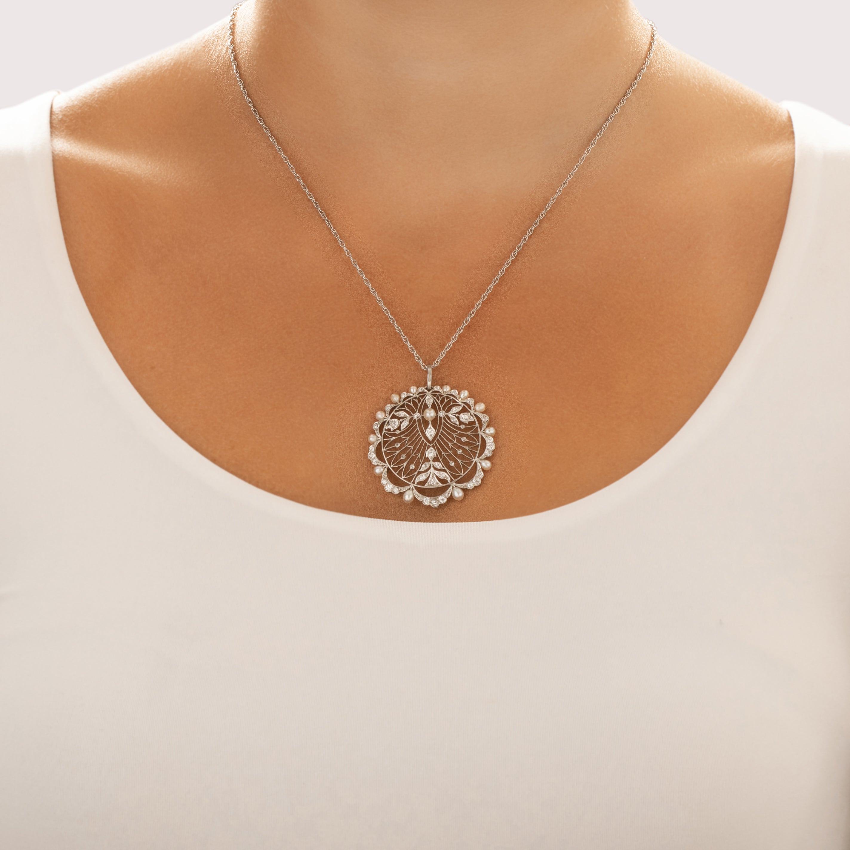 Antique Belle Ã‰poque Substantial Platinum .71cttw Old Mine Cut Diamond Pearl Lacy Openwork Statement Slide Pendant - On model view