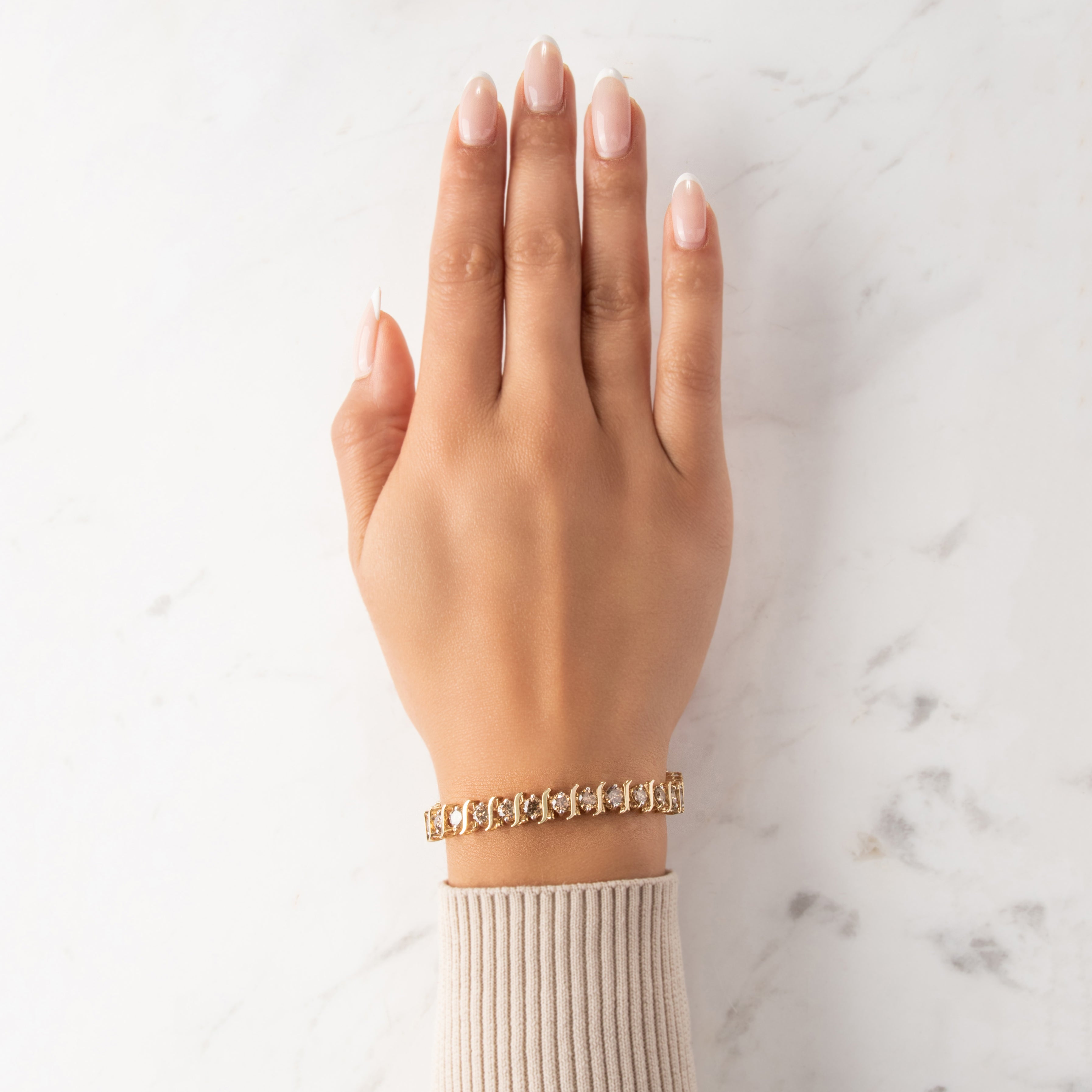 Vintage Substantial 14k Yellow Gold 8.79cttw Champagne Diamond Glamorous Swirl Tennis Bracelet - On model view