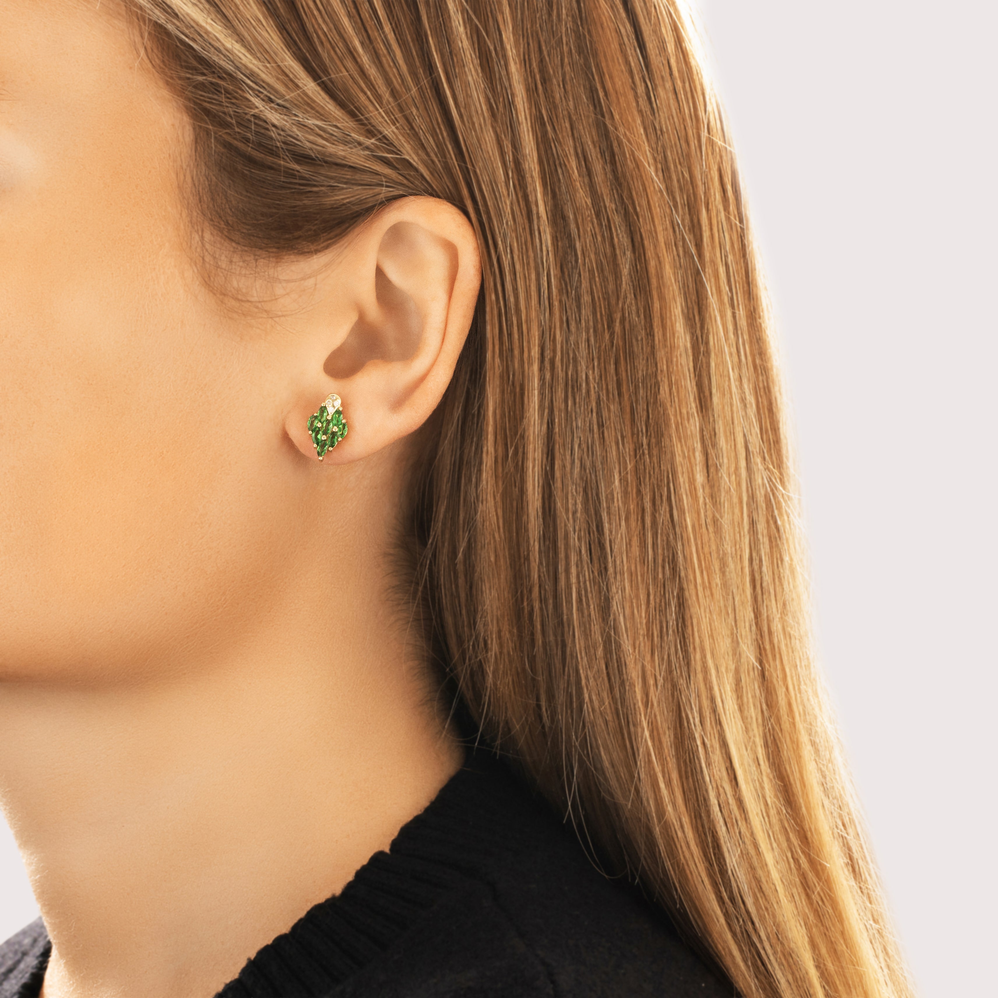 Vintage 14k Yellow Gold .77cttw Green Garnet Diamond Dynamic Bright Cluster Stud Earrings - On model view