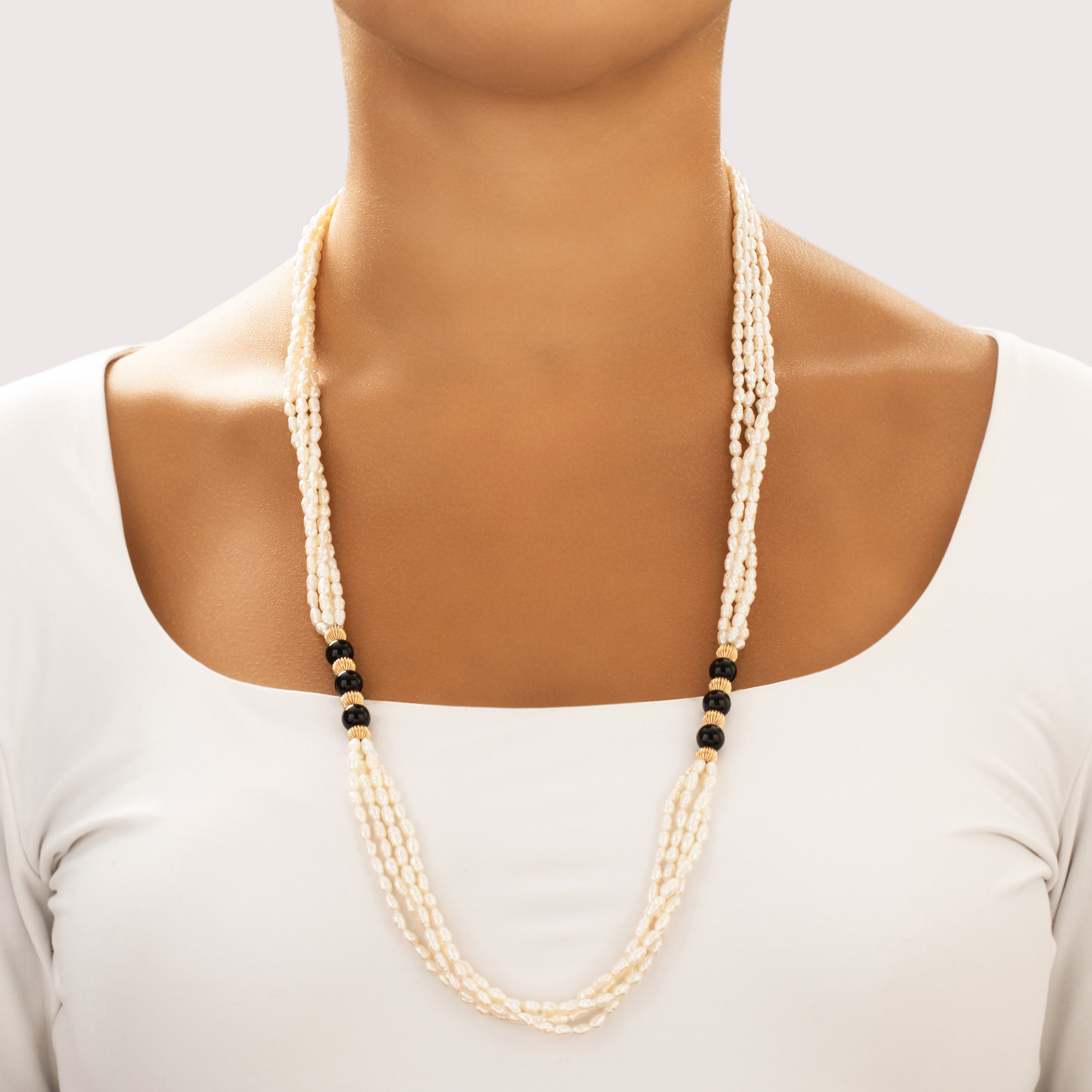 Vintage 14k Yellow Gold Seed Pearl Black Glass Long Naturalistic Beaded Necklace - On model view