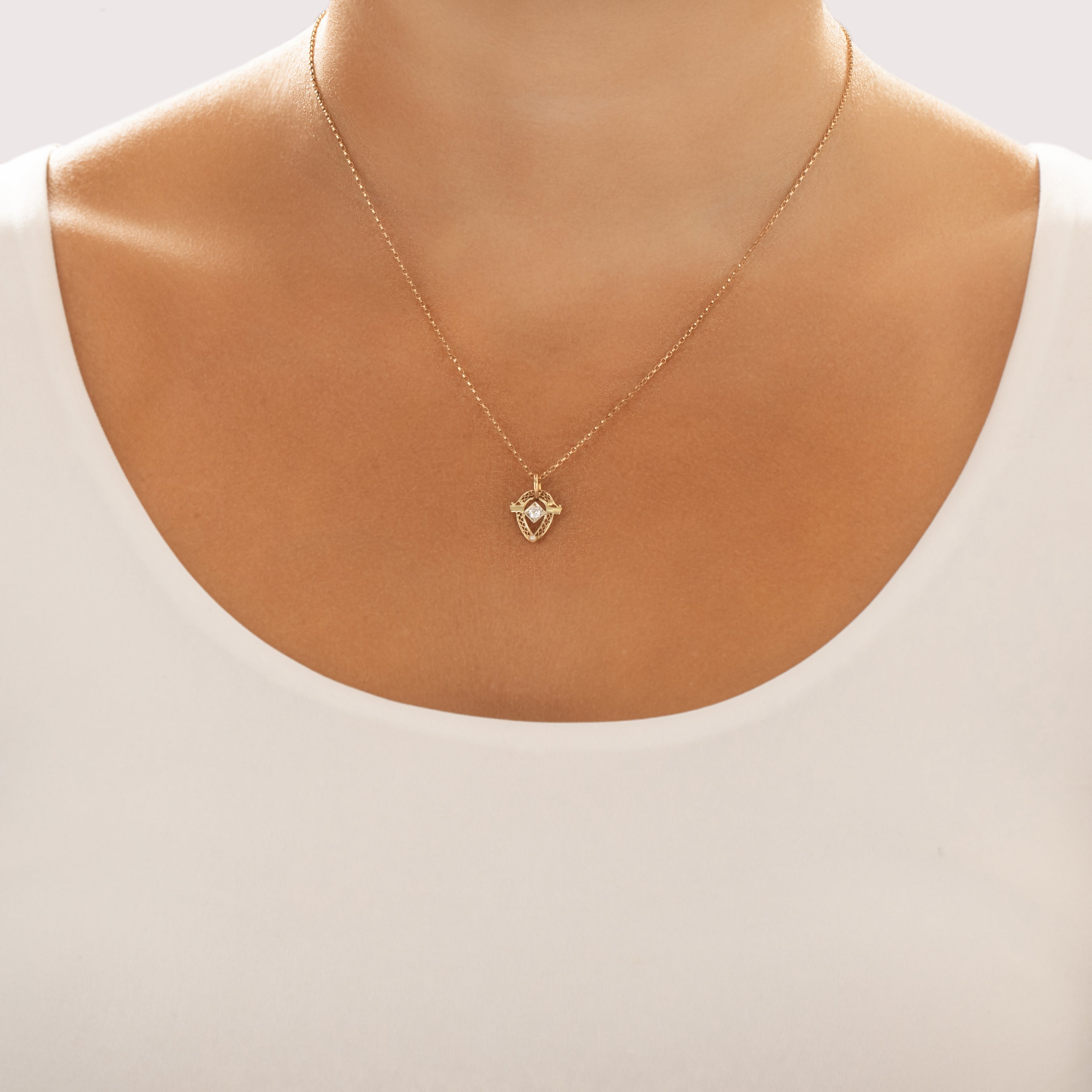 Antique Art Deco 14k Yellow Gold Old European Cut Diamond Pearl Lovely Openwork Slide Pendant - On model view