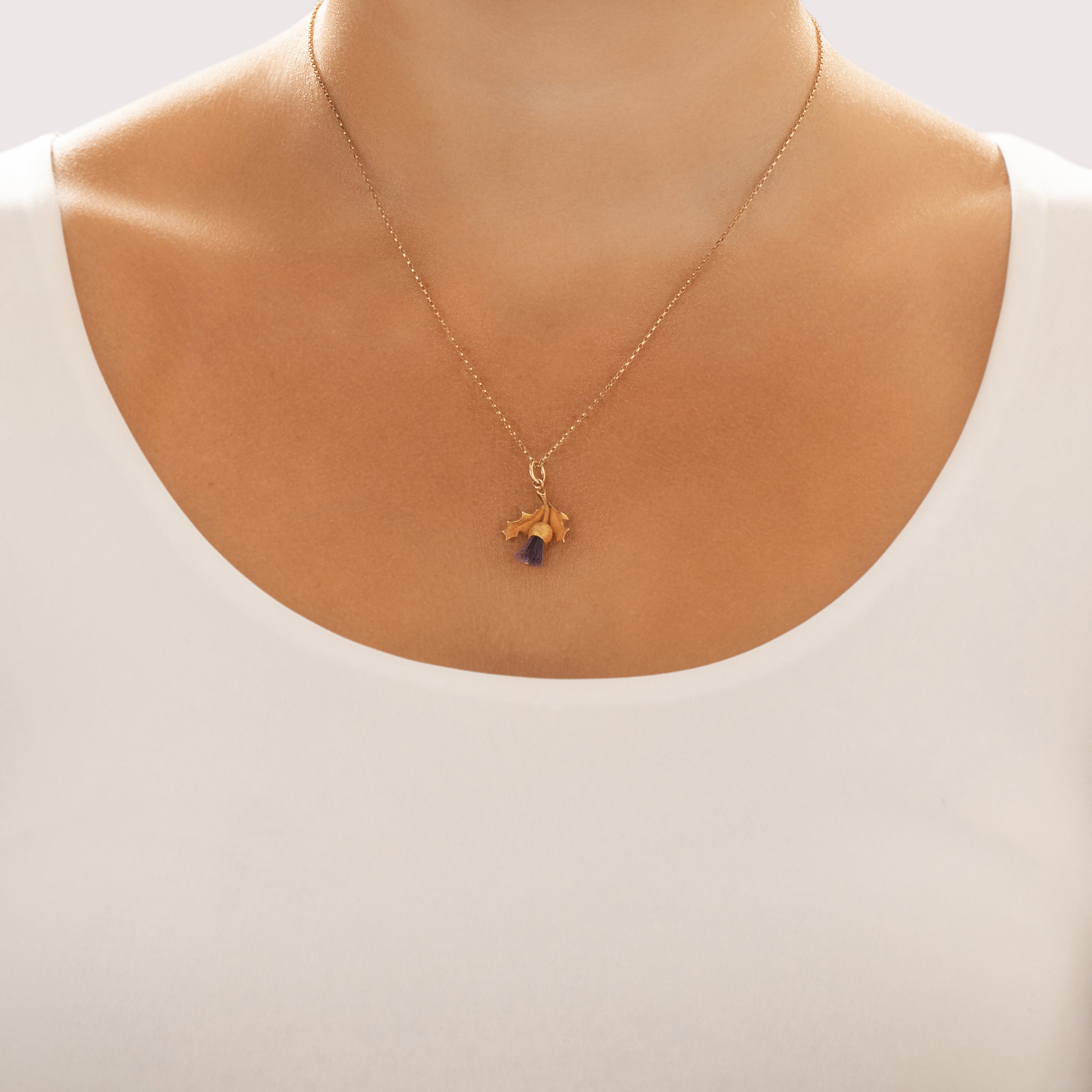 Antique 14k Yellow Gold Amethyst Wondrous Carved Thistle Charm / Pendant - On model view