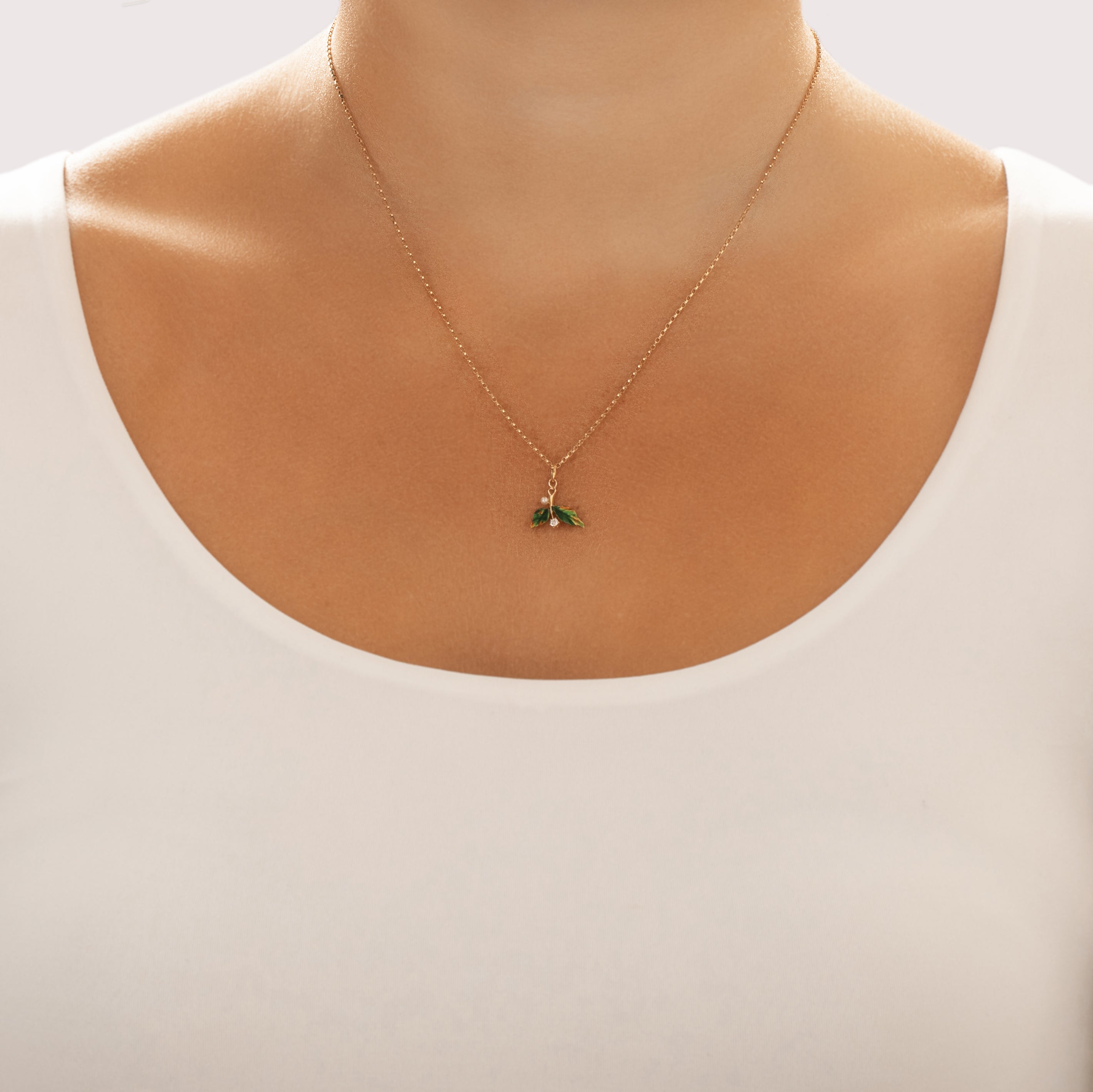 Antique Art Nouveau 14k Yellow Gold Old Mine Cut Diamond Pearl Beautiful Enamel Leafy Berry Charm / Pendant - On model view