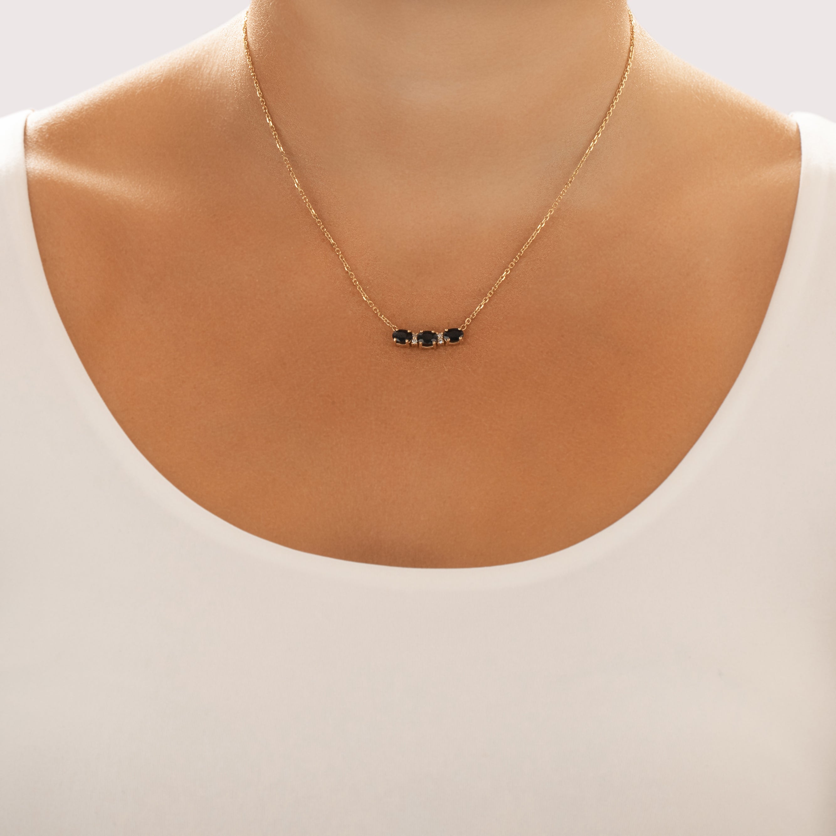 Vintage 14k Yellow Gold 1.61cttw Blue Sapphire Diamond Chic East-West Trio Necklace - On model view