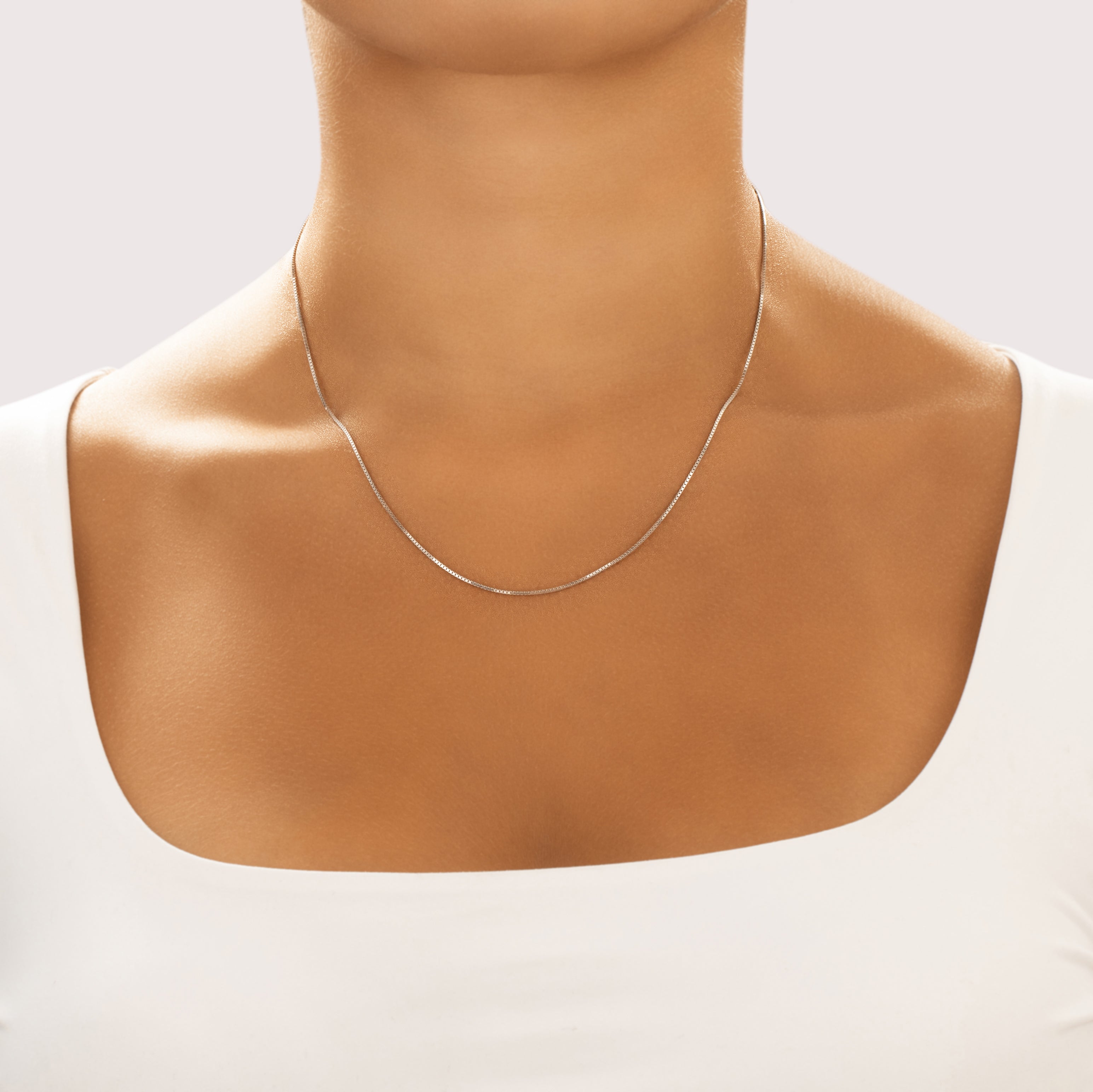 Vintage Italian 14k White Gold .8mm Sleek Box Chain - On model view