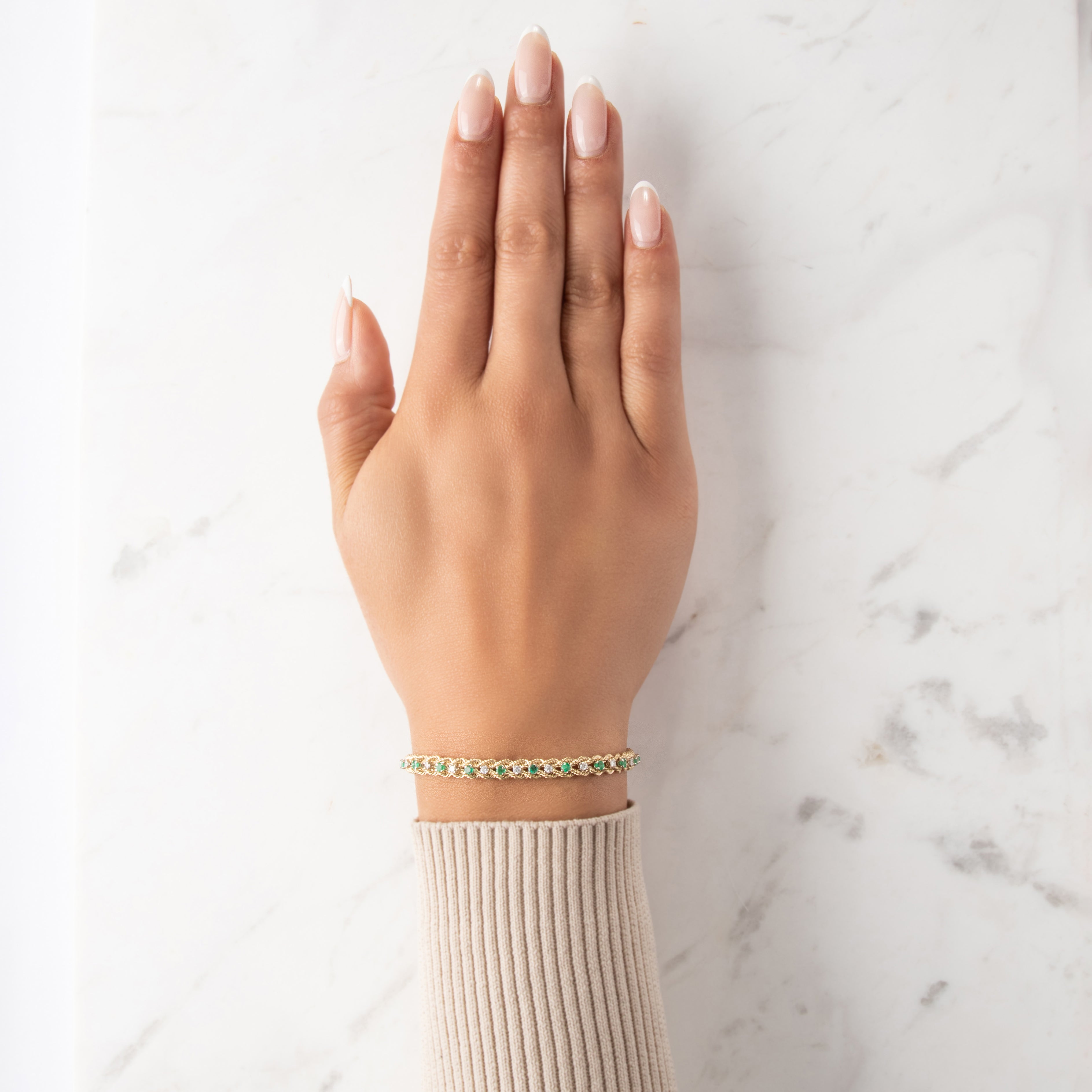 Vintage 14k Yellow Gold .83cttw Emerald .61cttw Diamond Wonderful Dual Rope Line Bracelet - On model view