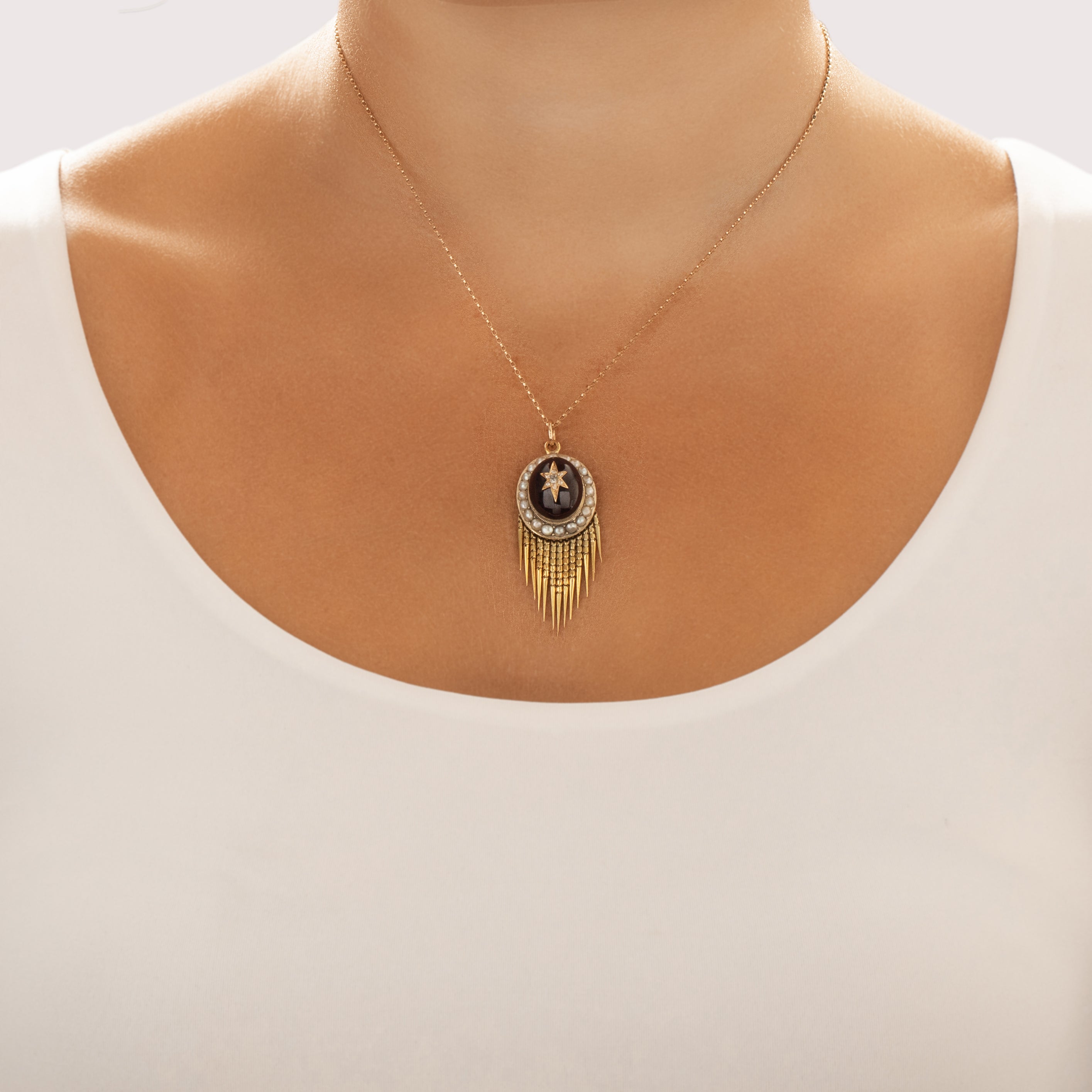 Antique Victorian 14k Yellow Gold 11.57ct Garnet Old Mine Cut Diamond Pearl Superb Star Detail Fringe Locket Pendant - On model view