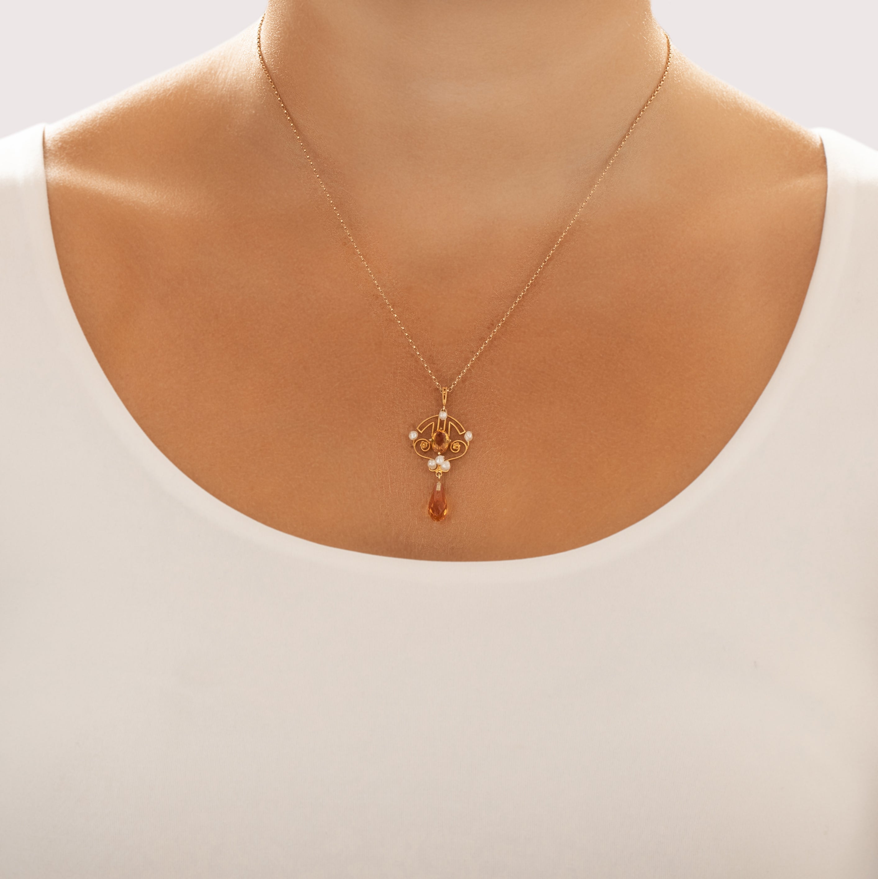 Vintage 14k Yellow Gold 2.4cttw Citrine Seed Pearl Geometric Floral Briolette Dangle Pendant - On model view