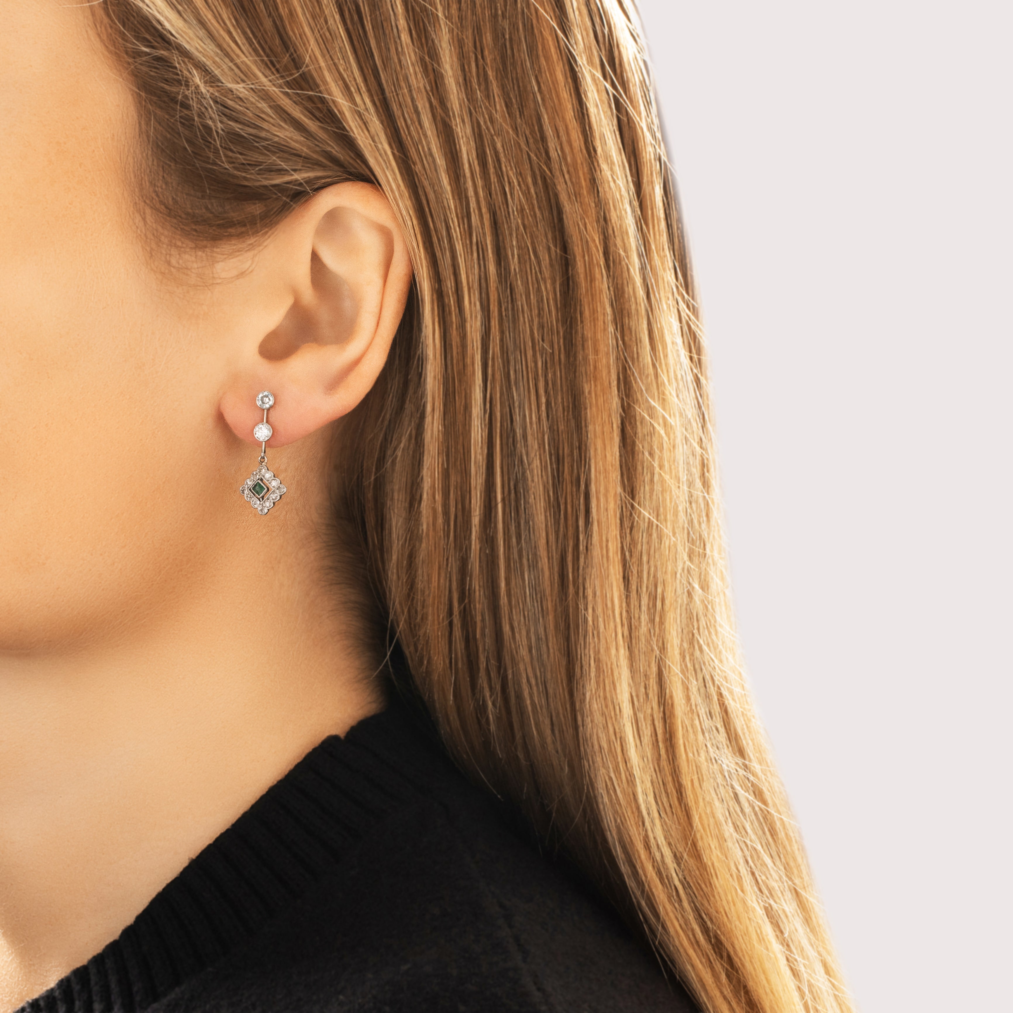 Antique Edwardian 18k White Gold & 14k Yellow Gold & Platinum 1.2cttw Old Mine Cut Diamond Emerald Incredible Scallop Halo Dangle Earrings - On model view