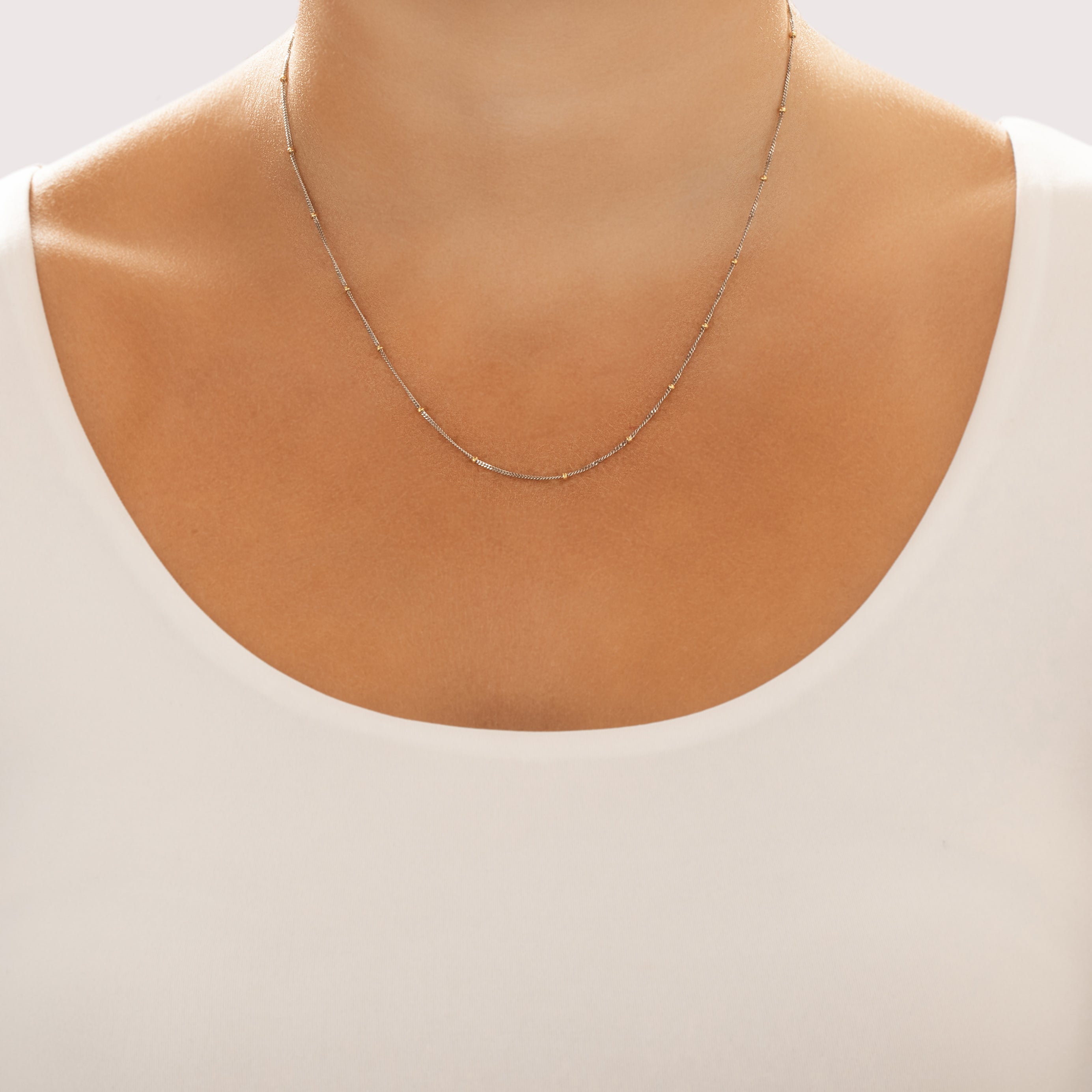 Vintage 14k White & Yellow Gold 1mm (Chain), 1.8mm (Bead) Sleek Cable Bead Satellite Chain - On model view