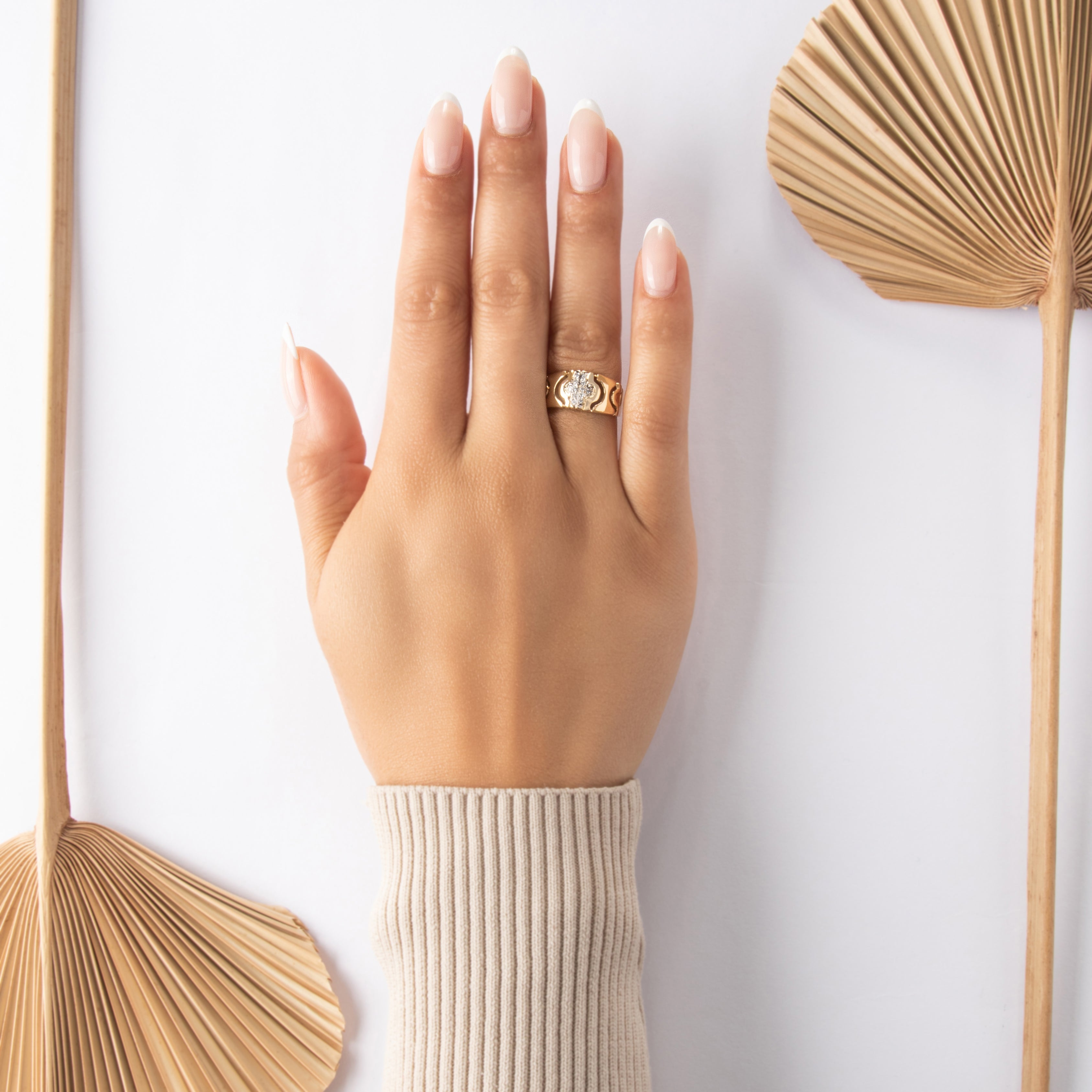 Vintage 14k Yellow Gold Diamond Open Geometric Band Ring - On model view