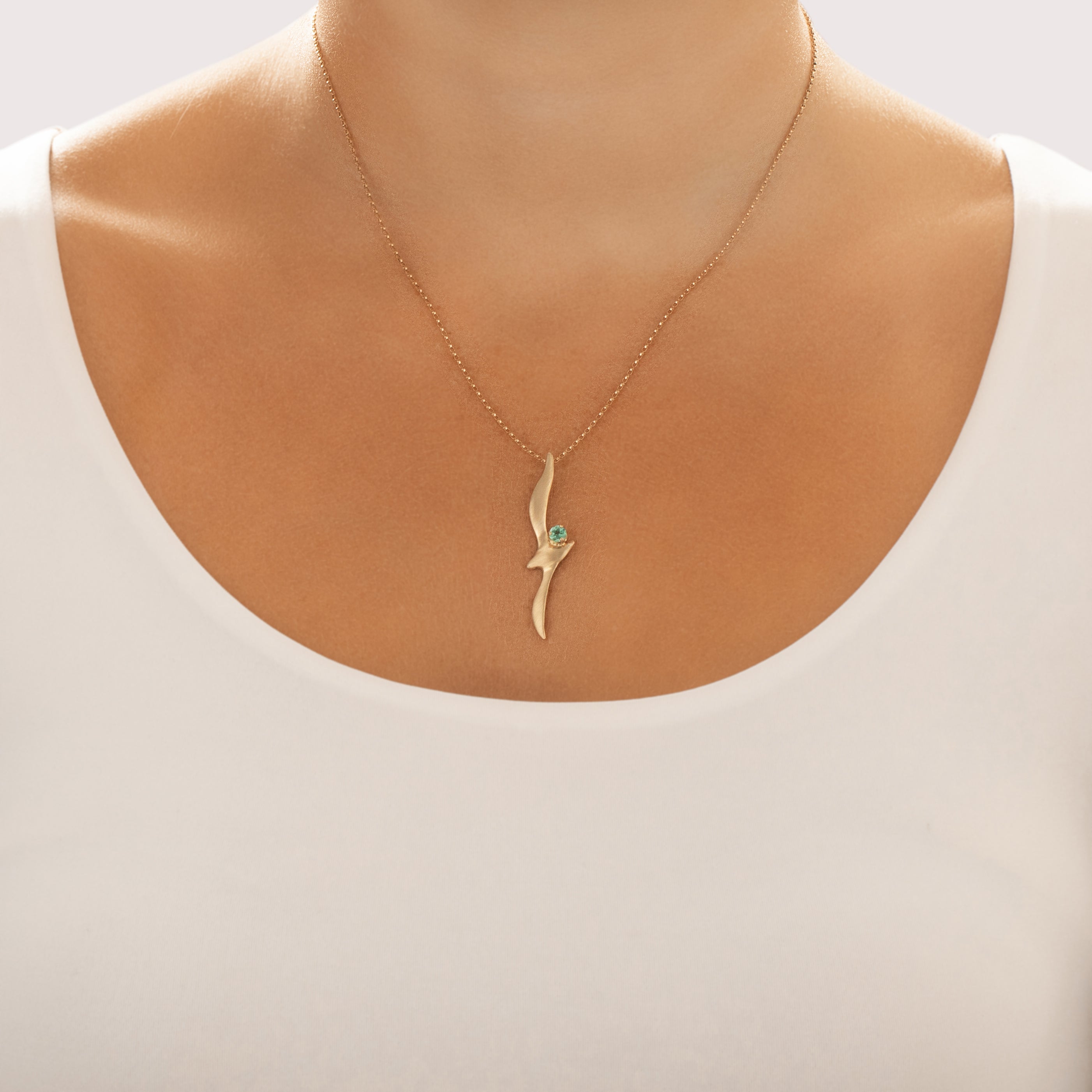Vintage 14k Yellow Gold Teal Tourmaline Artistic Brushed Flying Gull Pendant - On model view