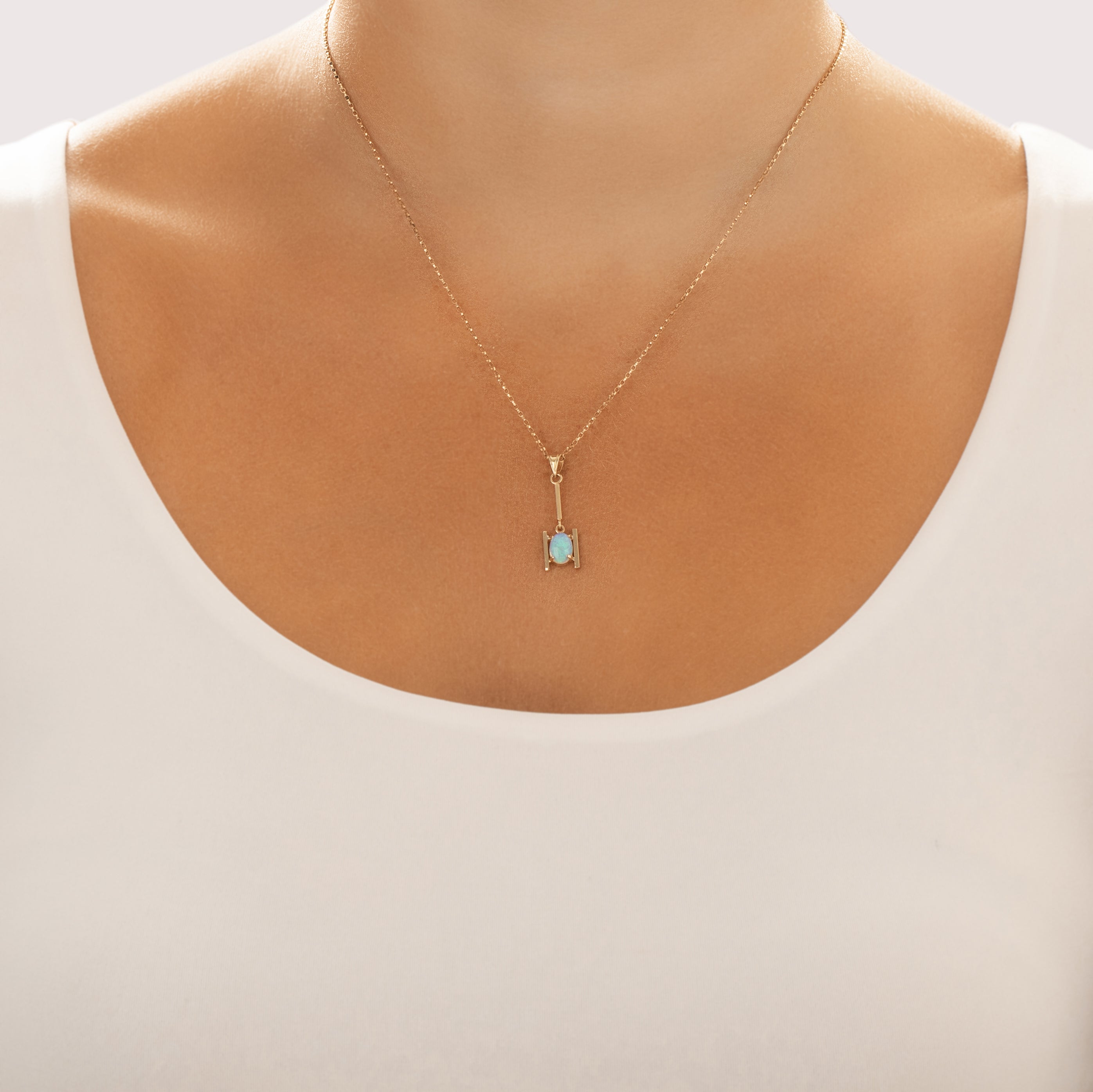 Vintage 10k Yellow Gold .63ct Opal Geometric Rainbow Drop Pendant - On model view