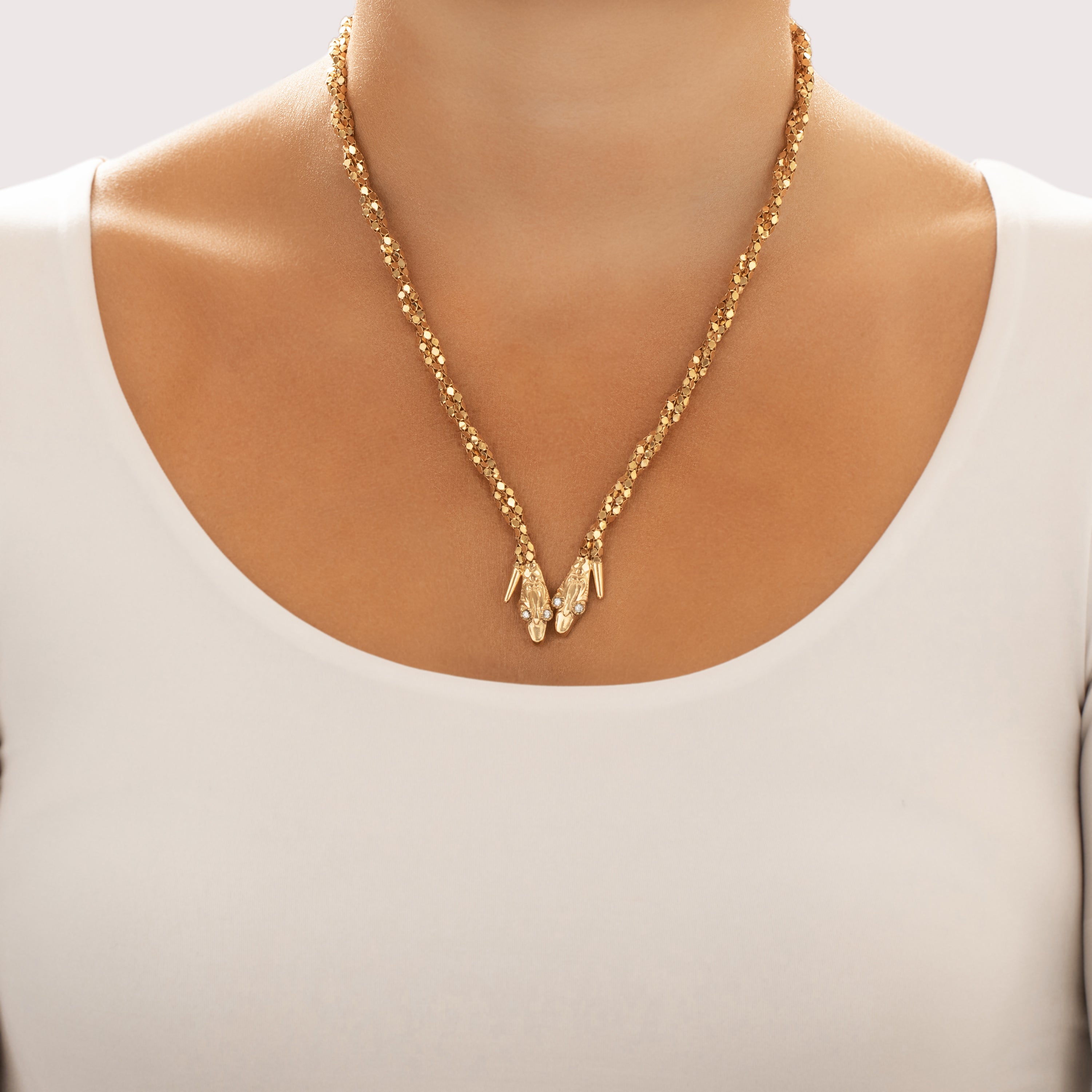 Vintage Italian 18k Yellow Gold Diamond Bold Twin Snake Dimensional Twisting Chain Necklace - On model view