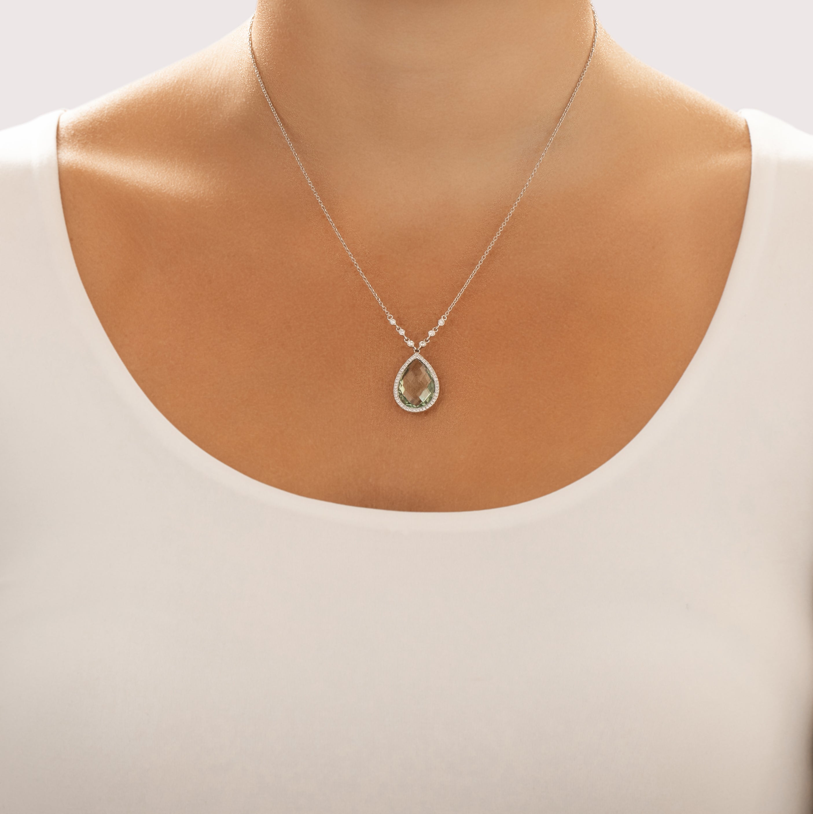 Vintage 14k White Gold 7.1ct Prasiolite Diamond Wonderful Checkerboard Pear Halo Necklace - On model view