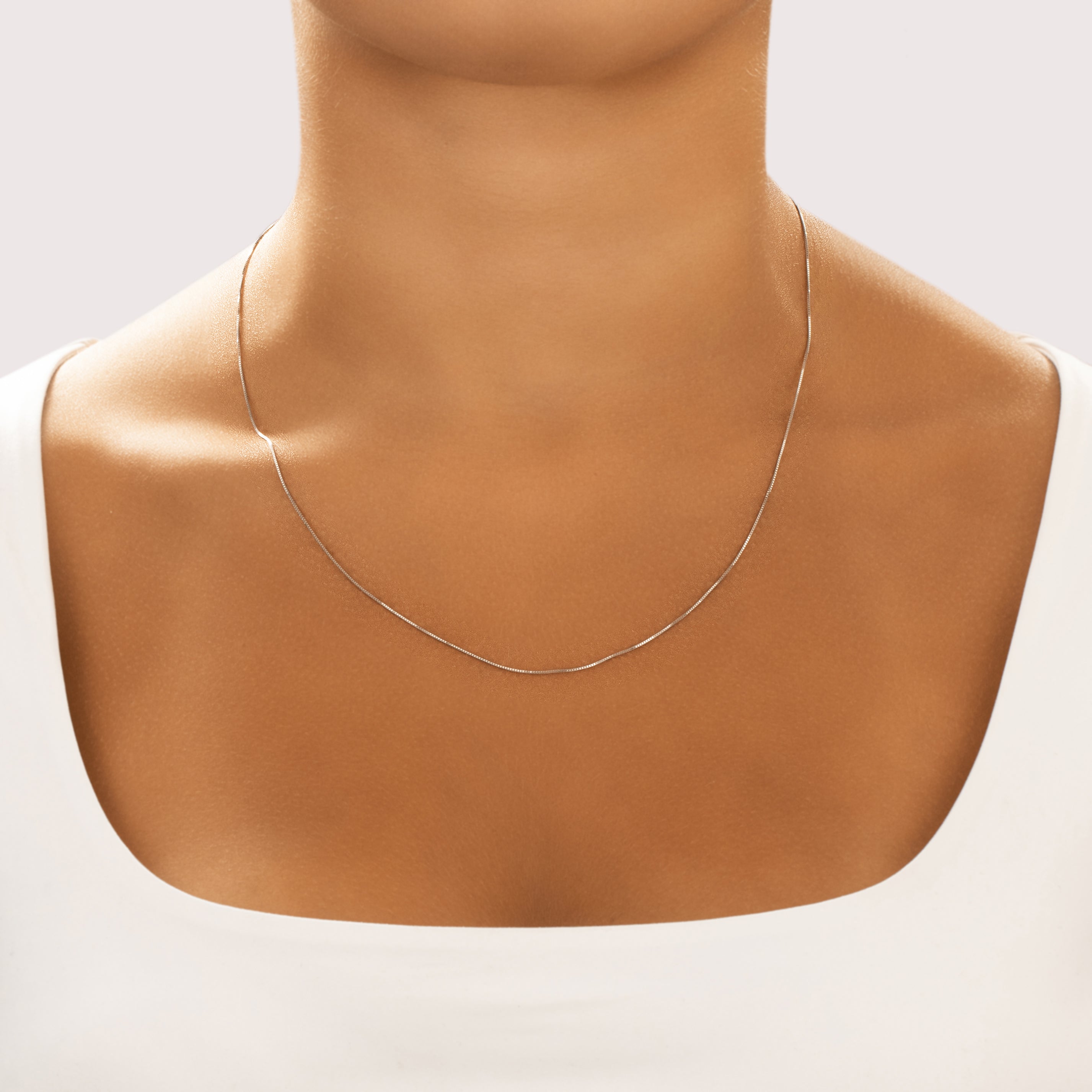 Vintage Italian 14k White Gold Dainty Box Necklace - On model view