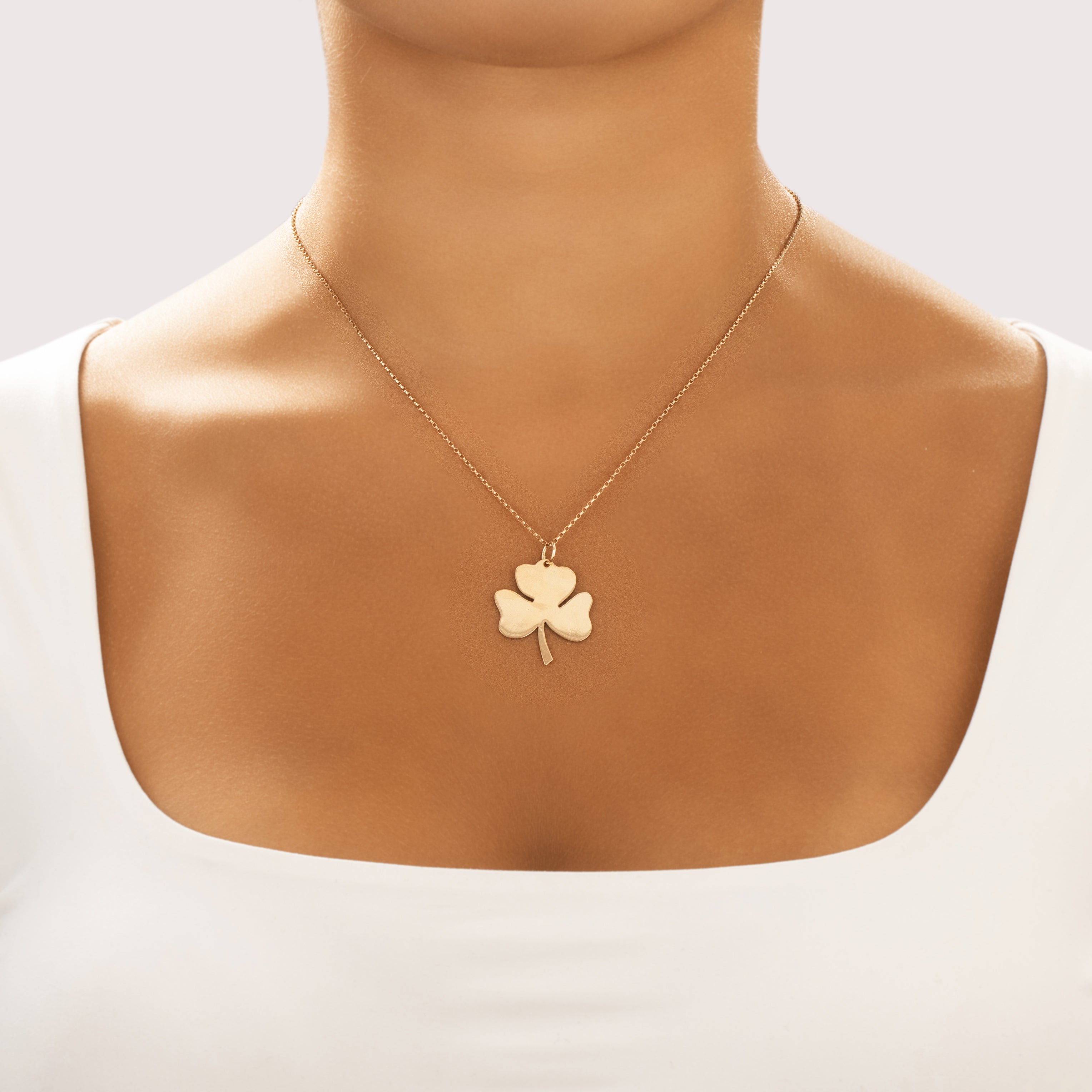 Vintage 14k Yellow Gold Gleaming Shamrock Charm / Pendant - On model view