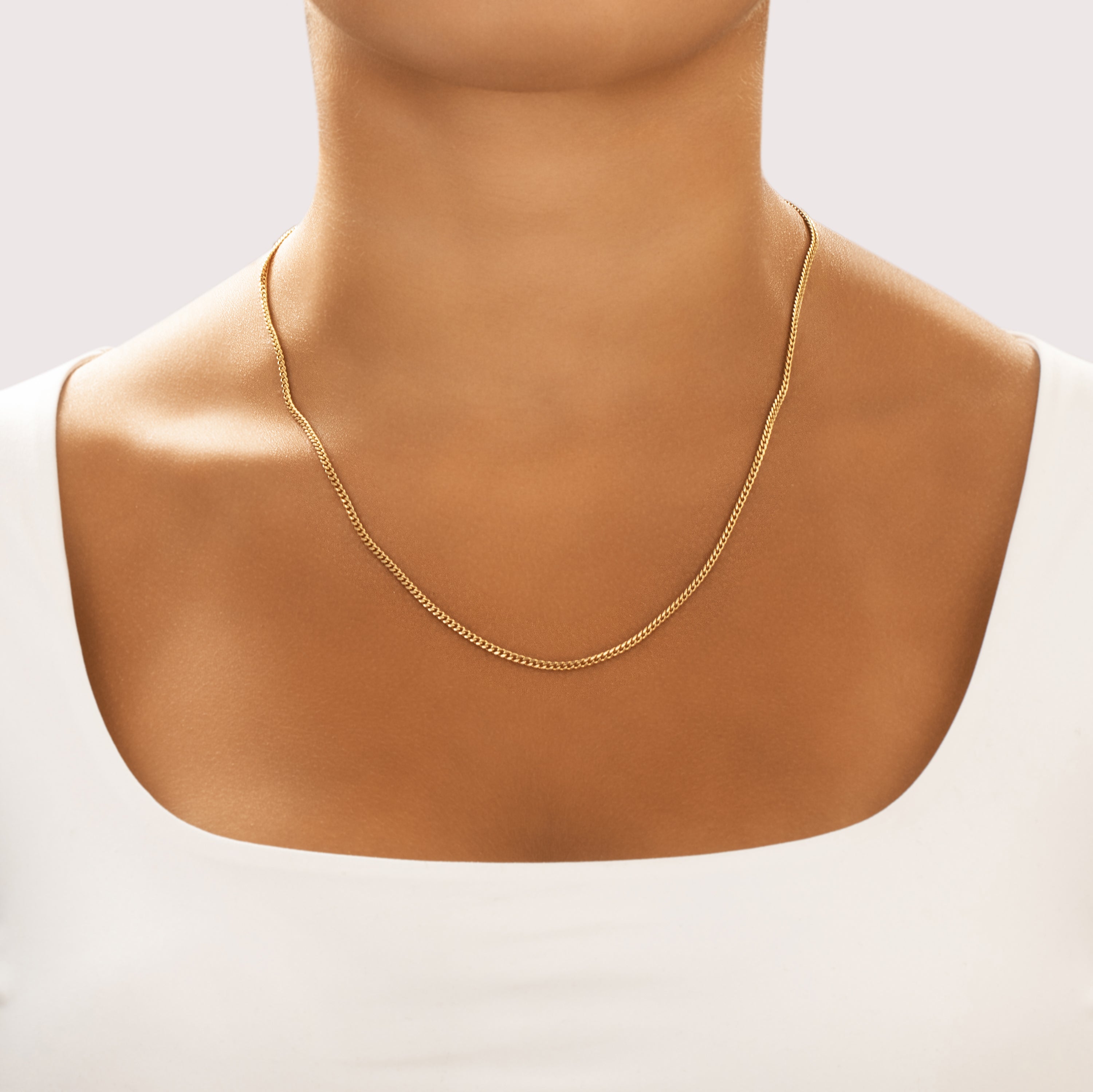 Vintage 14k Yellow Gold 2.3mm Quintessential Flat Curb Chain - On model view