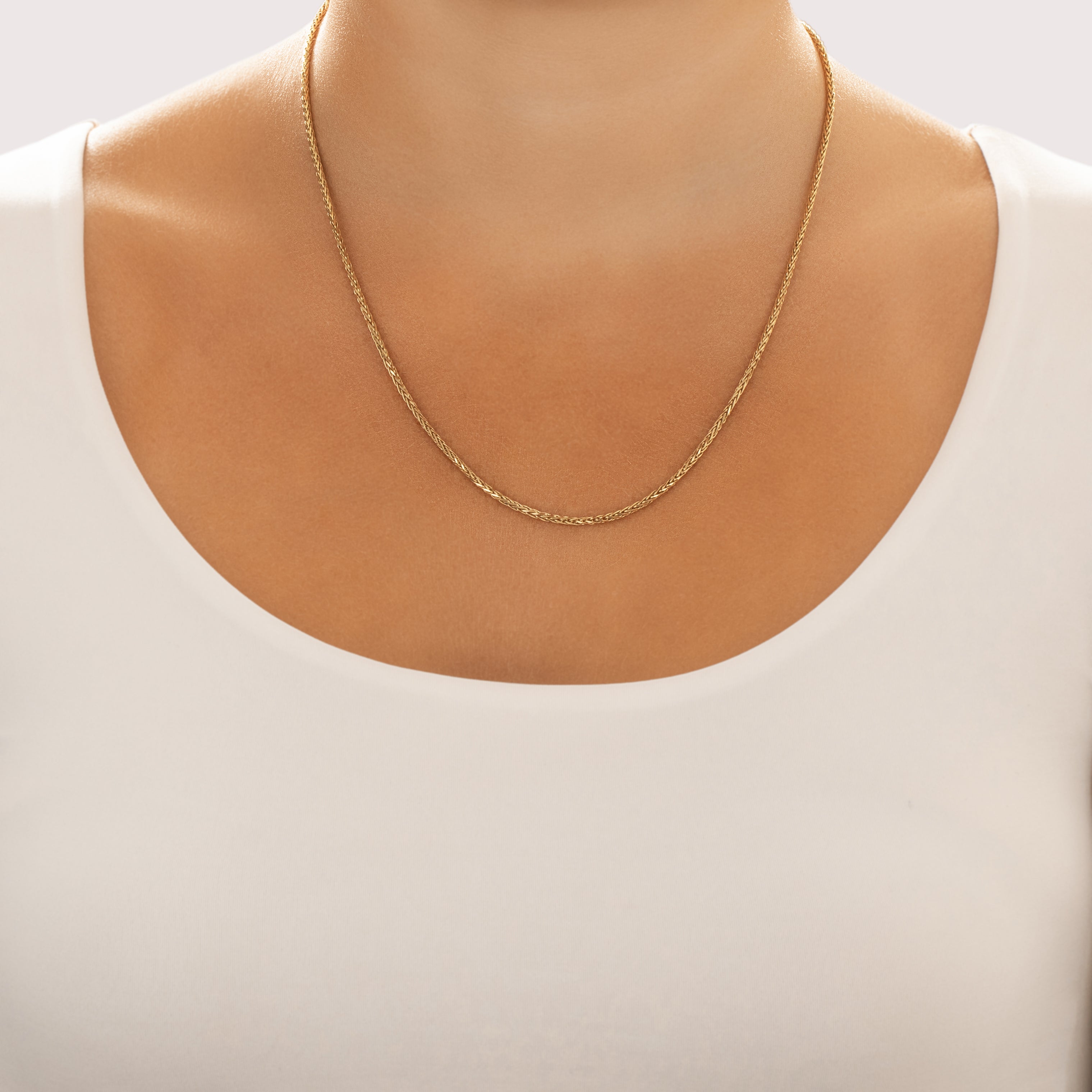 Vintage 14k Yellow Gold 2mm Stunning Dimensional Faceted Wheat Chain - On model view