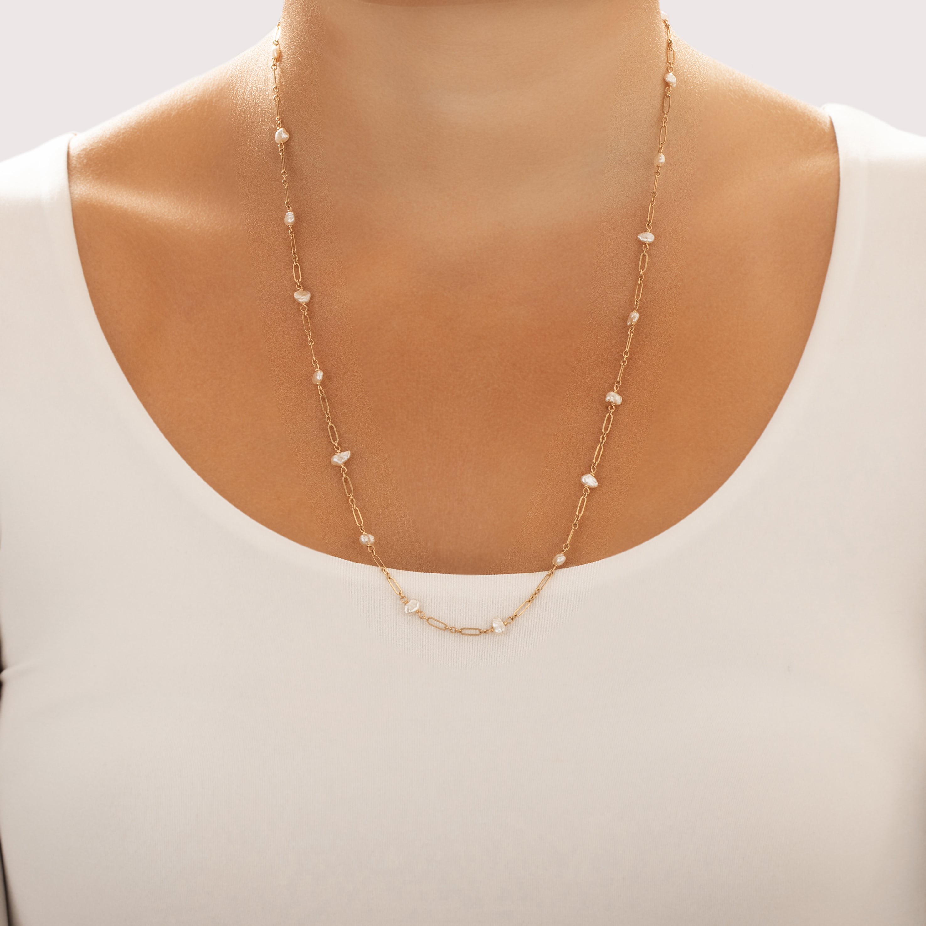 Vintage 14k Yellow Gold Seed Pearl Fantastic Naturalistic Station Necklace - On model view