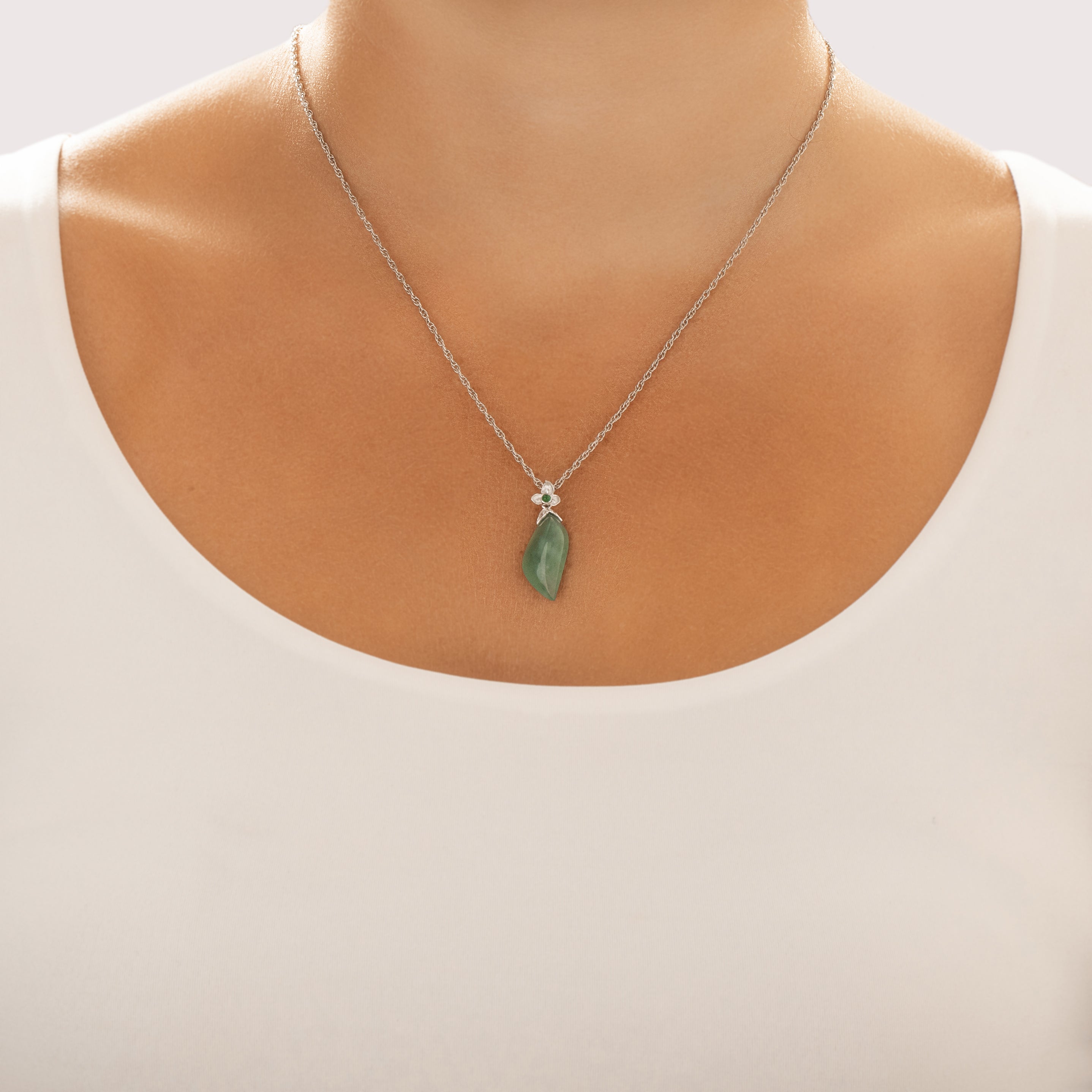Estate 18k White Gold 9.96ct Jade Green Chalcedony Flowering Naturalistic Leaf Pendant - On model view