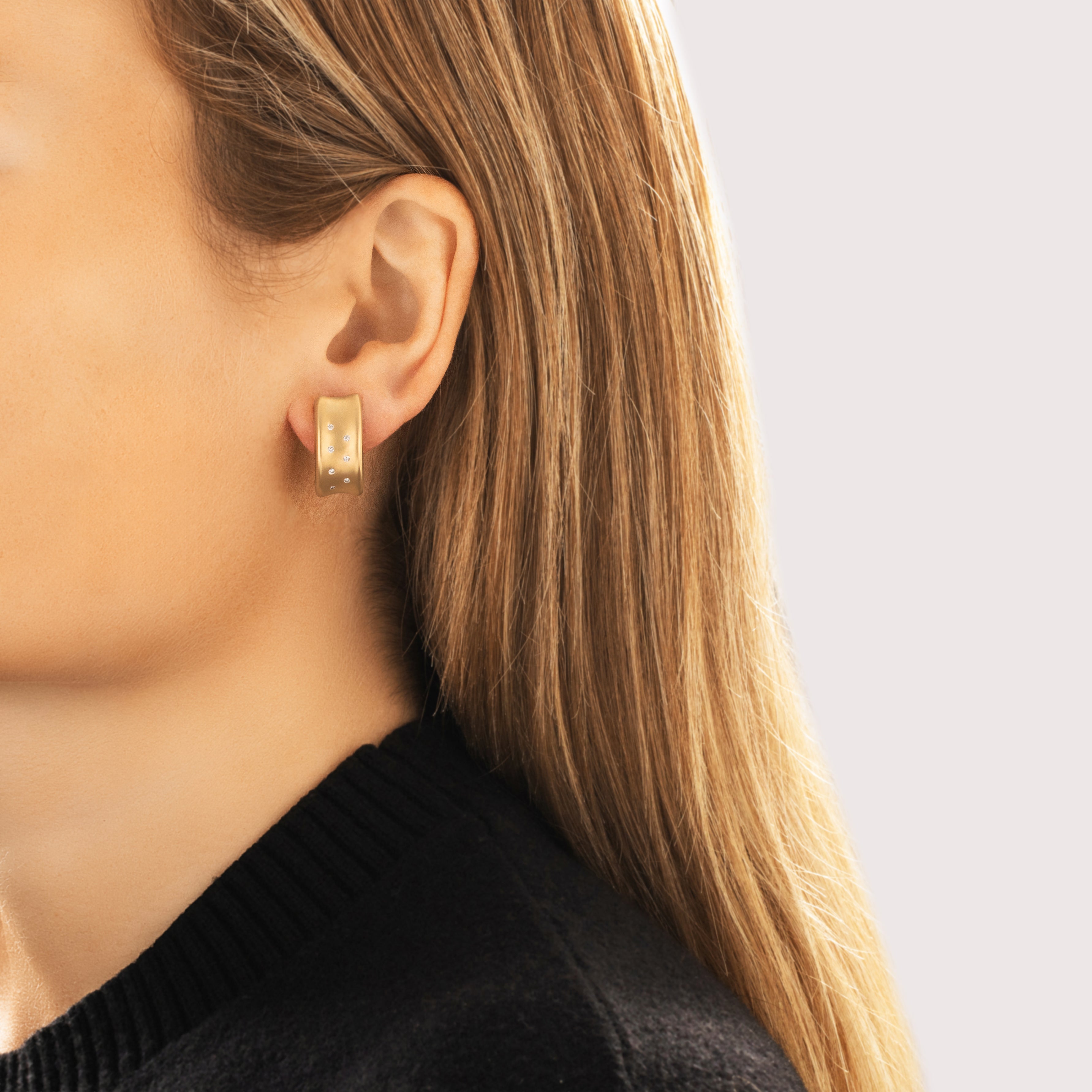 Vintage 18k Yellow Gold [Custom Carat] Modern Satin Inset Omega-Back Earrings - On model view