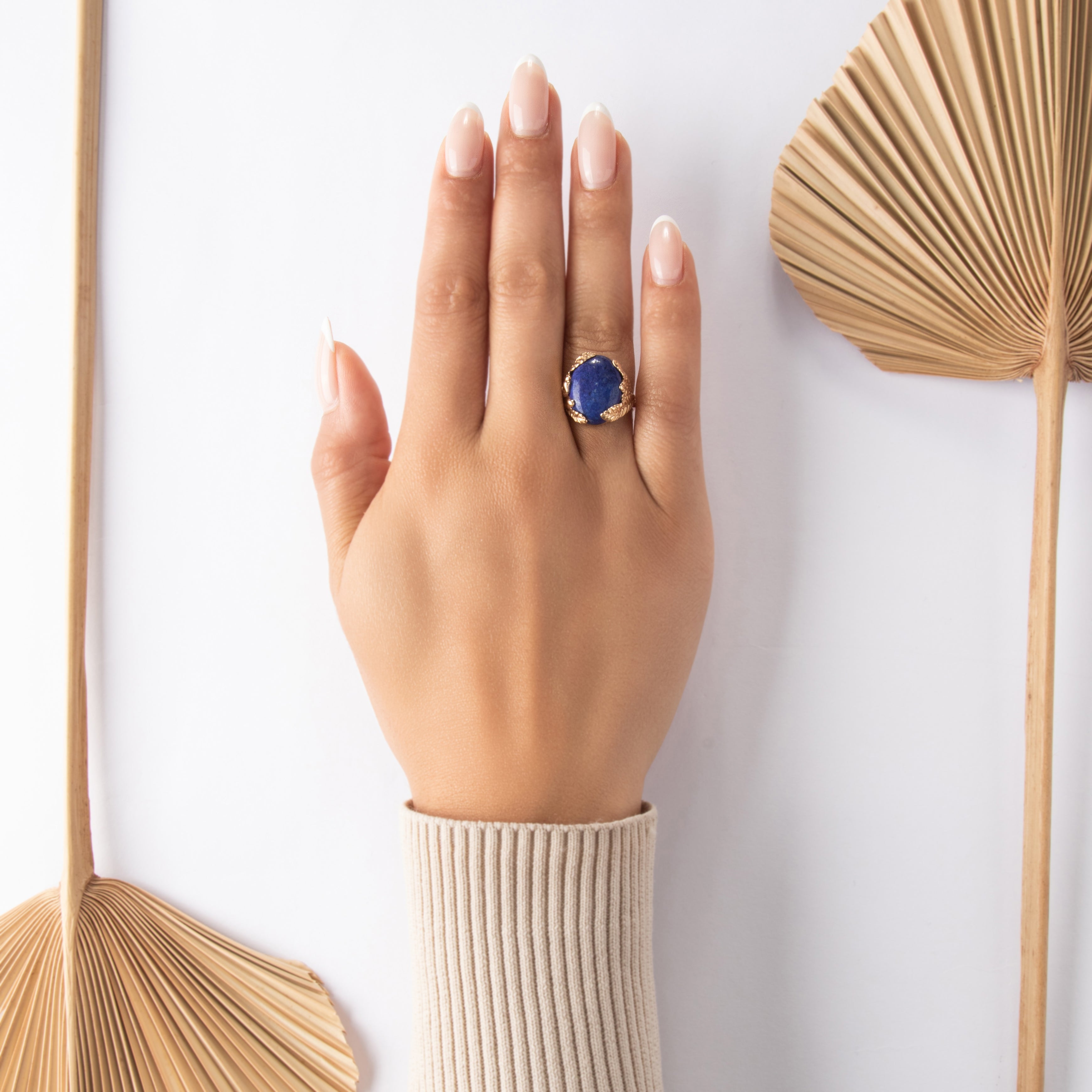 Vintage Large 14k Yellow Gold 7.59ct Lapis Lazuli Feather Accented Cabochon Ring - On model view