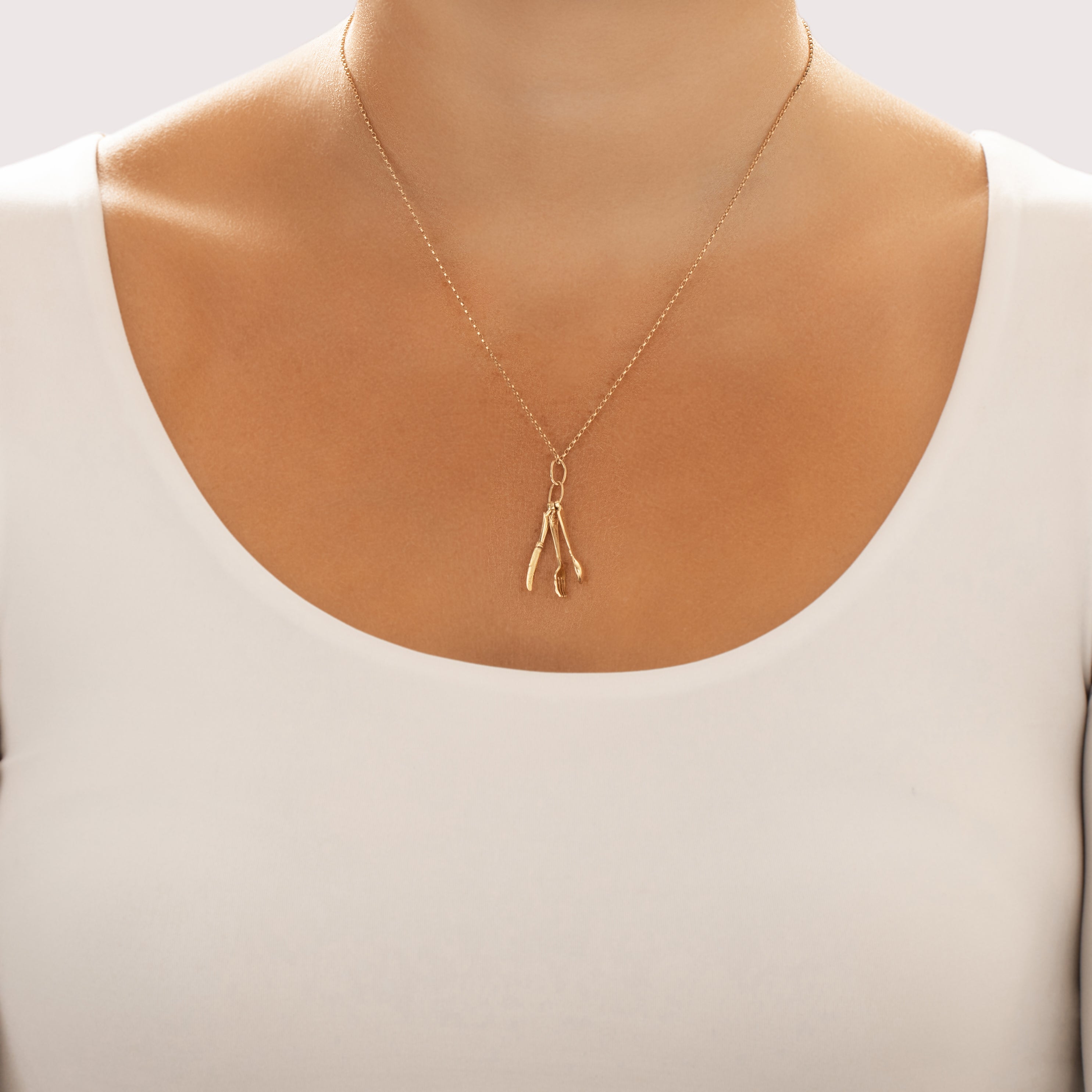 Vintage 14k Yellow Gold Kitchen Cutlery Set Charm / Pendant - On model view