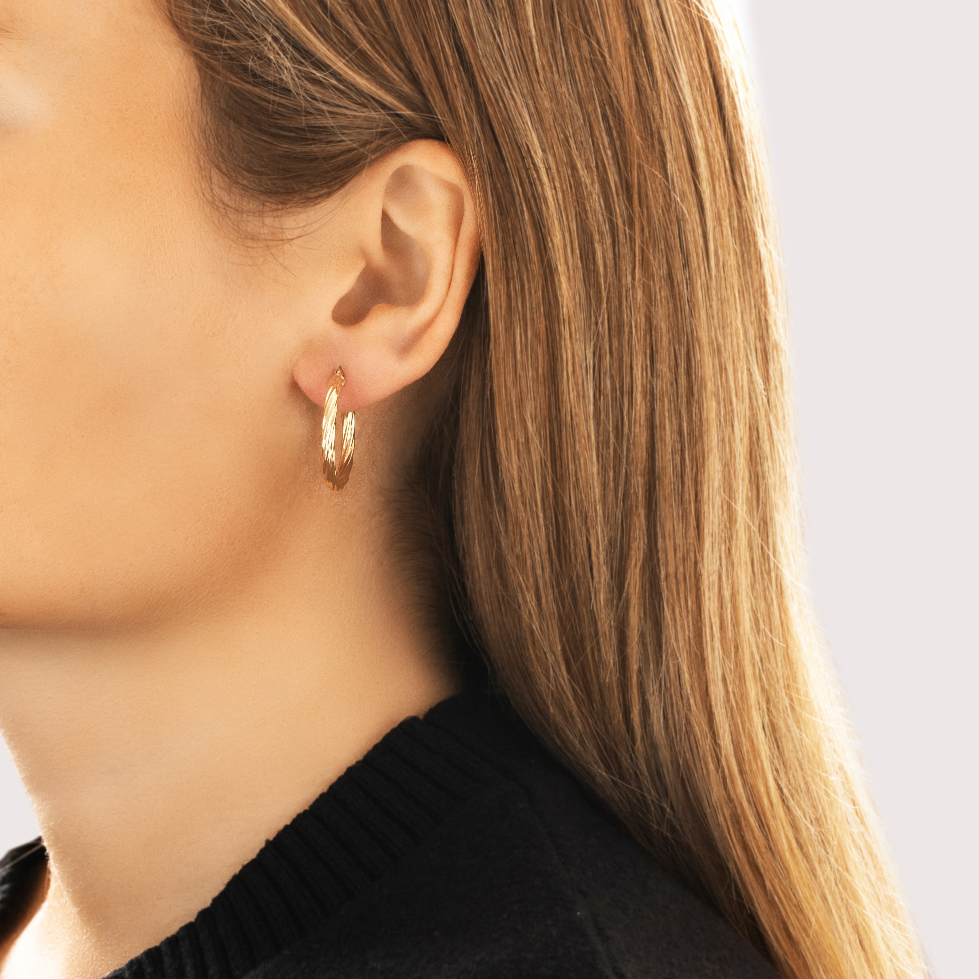 Vintage 14k Yellow Gold Classic Twisting Cable Hoop Earrings - On model view