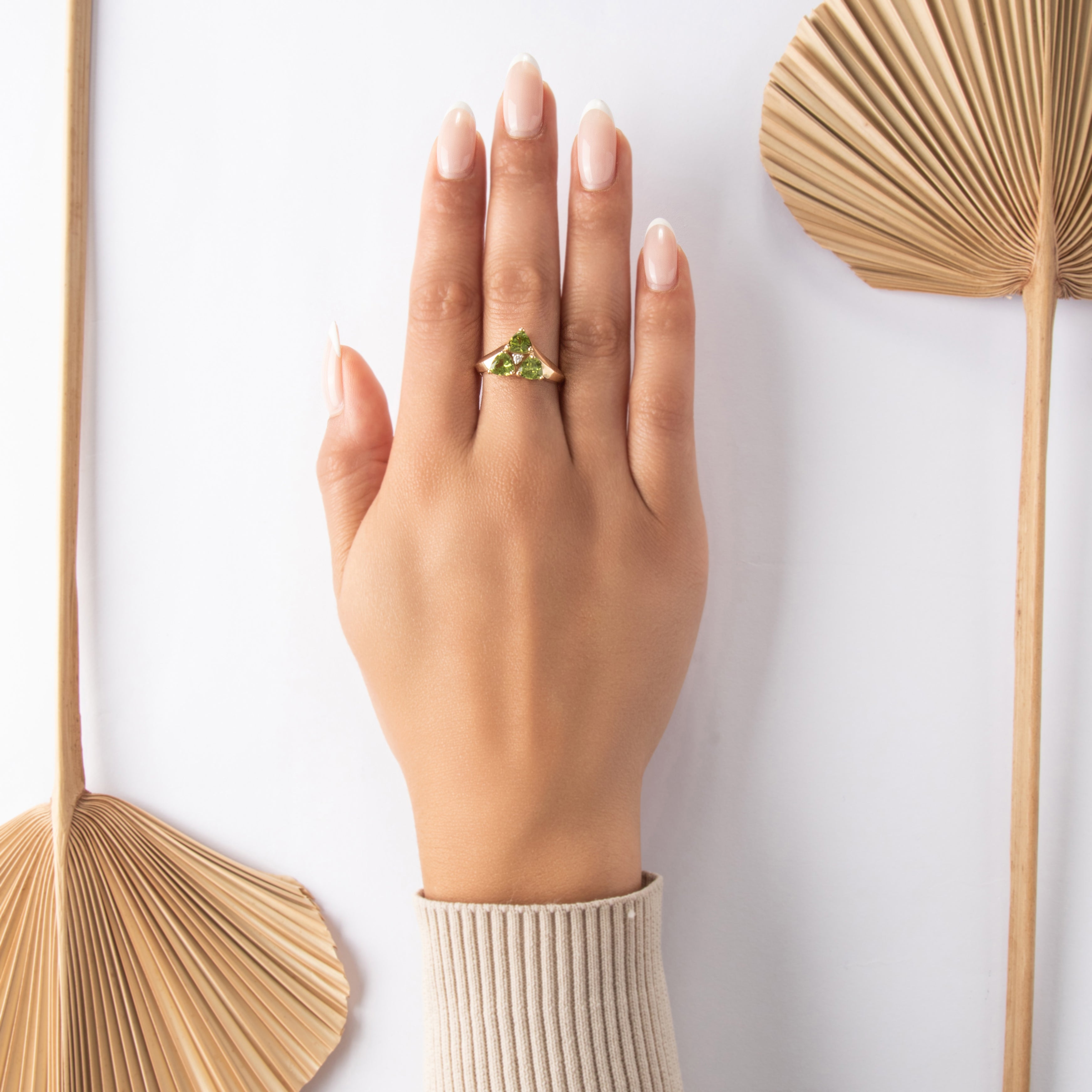 Vintage 14k Yellow Gold 1.9cttw Peridot Diamond Bright Triangular Trio Ring - On model view